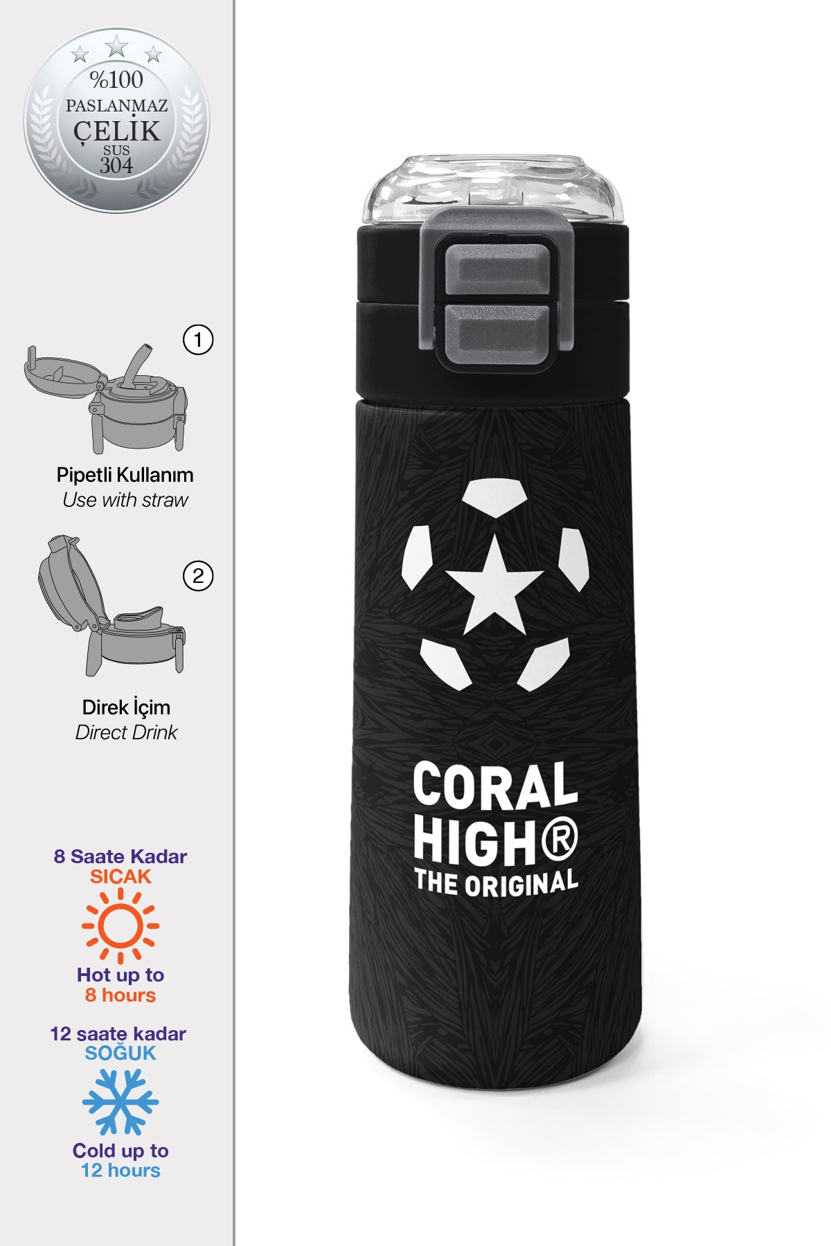 Coral High Kids Siyah Futbol Desenli Pipetli ve Direkt İçim Çelik Termos 500 ml 31898