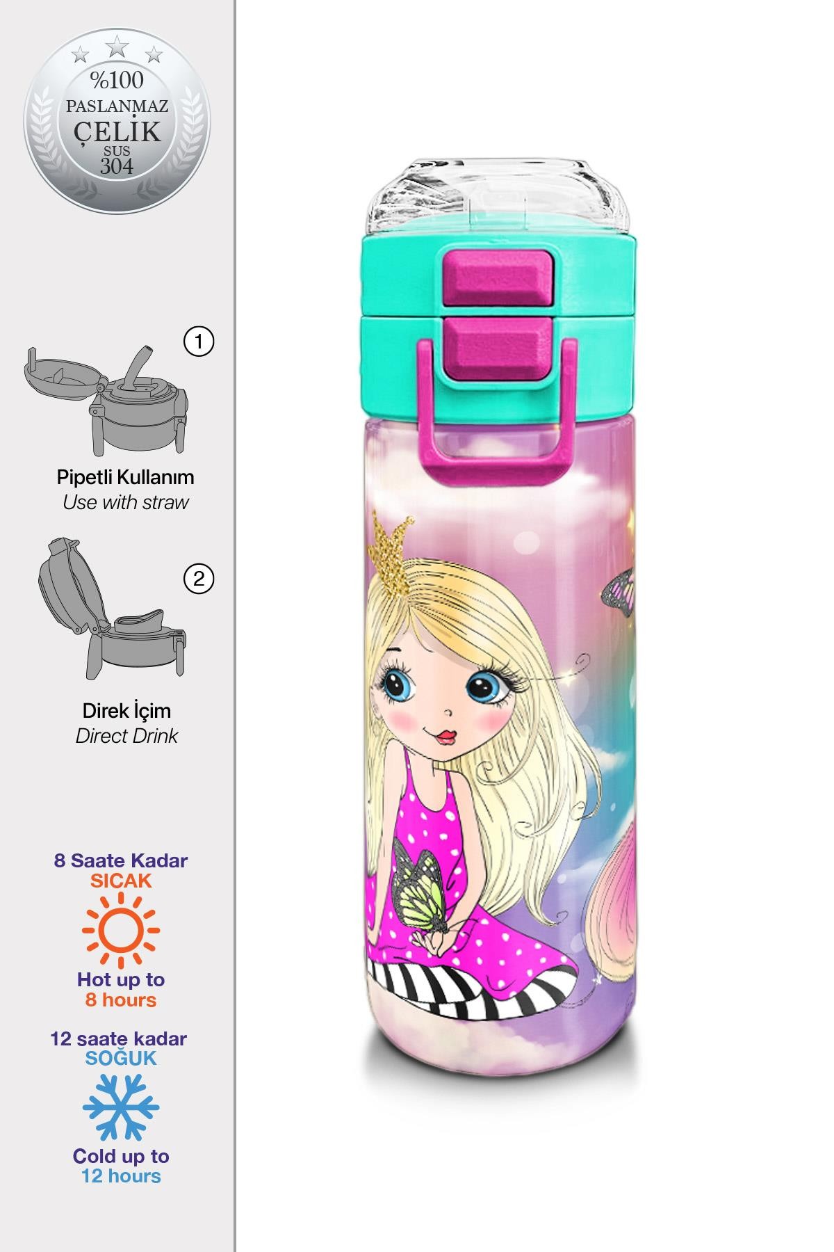 Coral High Kids Pembe Su Yeşili Unicornlu Desenli Pipetli ve Direkt İçim Çelik Termos 500 ml 31940