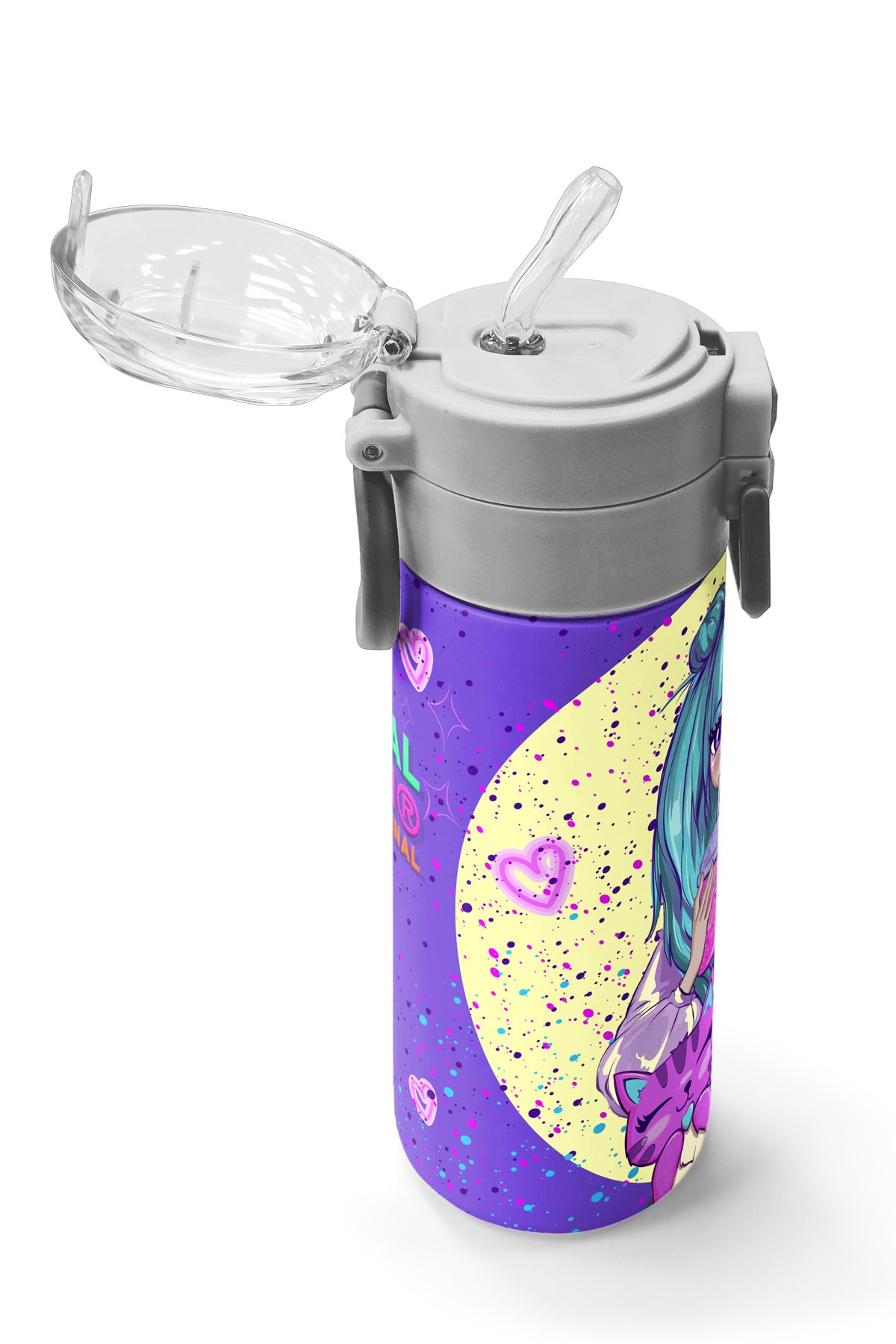 Coral High Kids Mor Pembe Anime Kız Desenli Pipetli ve Direkt İçim Çelik Termos 500 ml 31942