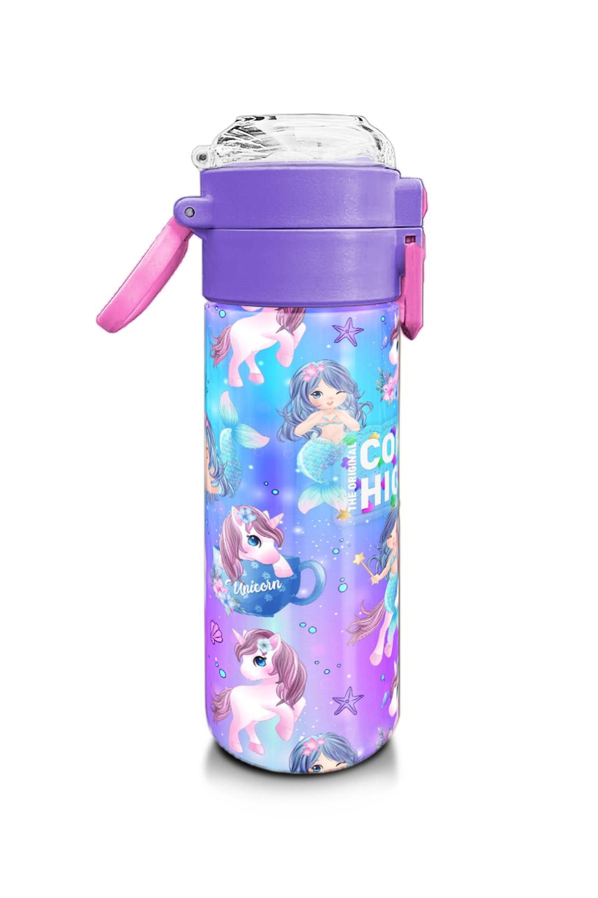 Coral High Kids Mor Pembe Unicorn Deniz Kızı Desenli Pipetli ve Direkt İçim Çelik Termos 500 ml 31982