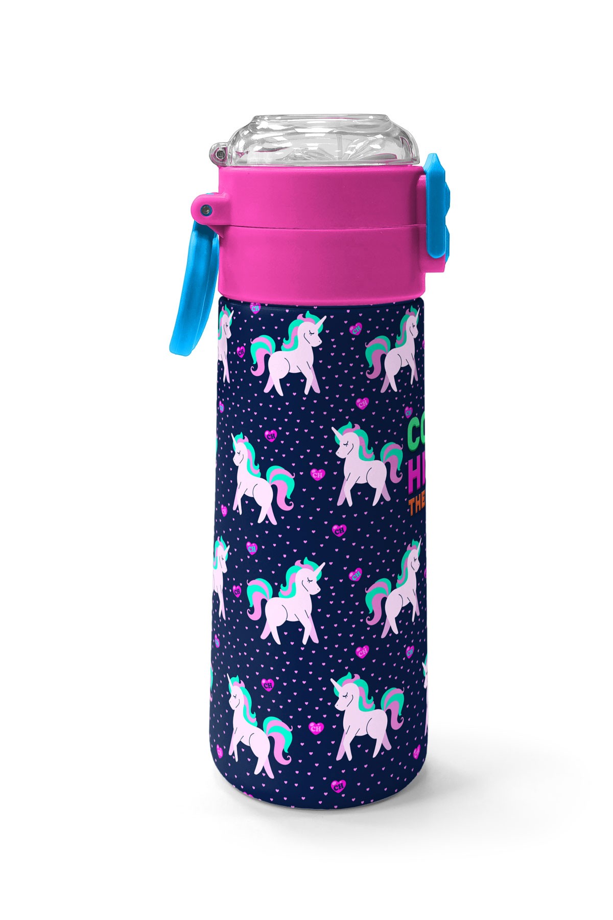 Coral High Kids Lacivert Pembe Unicorn Desenli Pipetli ve Direkt İçim Çelik Termos 500 ml 31915
