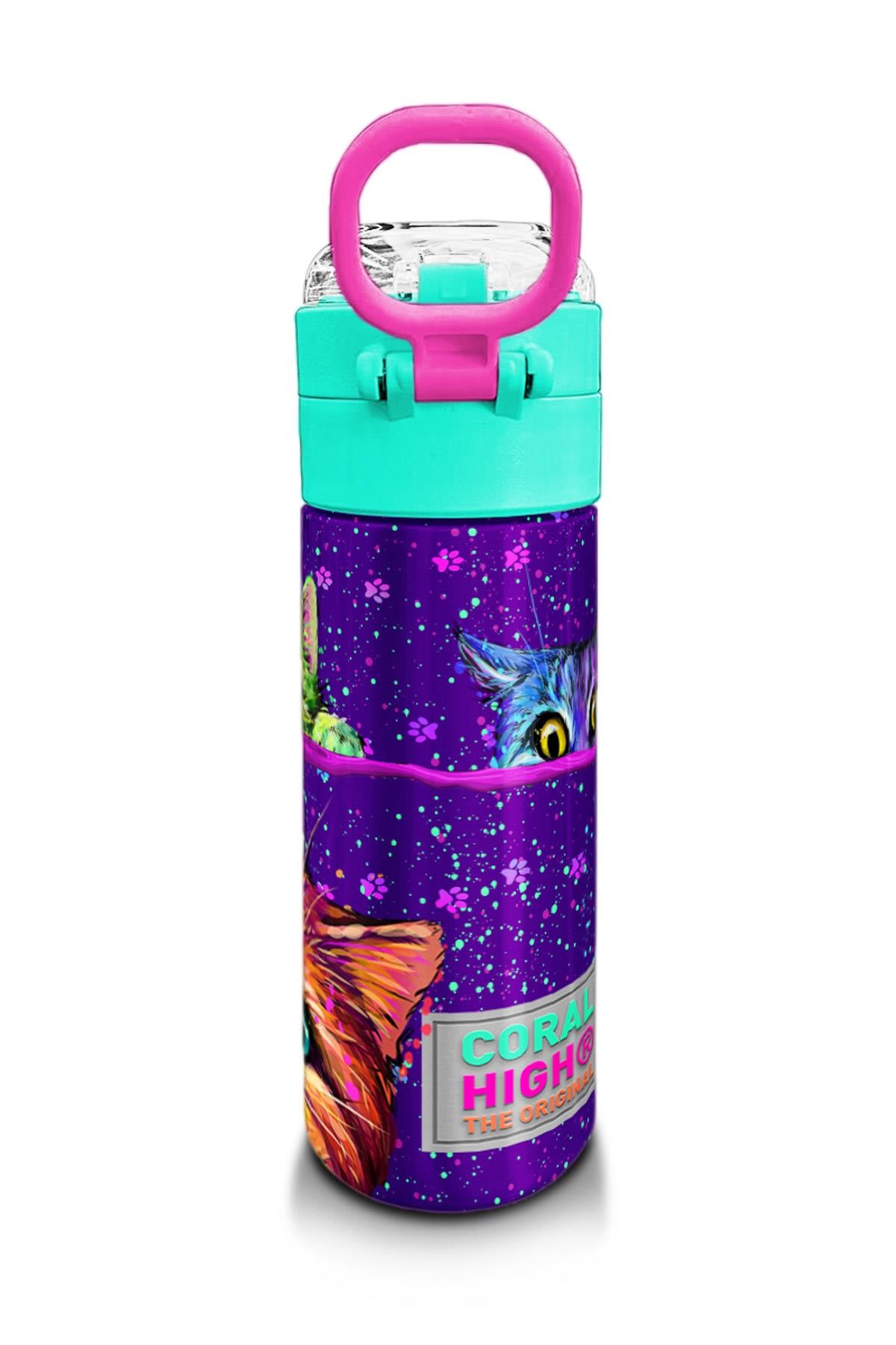 Coral High Kids Mor Pembe Kedi Desenli Pipetli ve Direkt İçim Çelik Termos 500 ml 31939