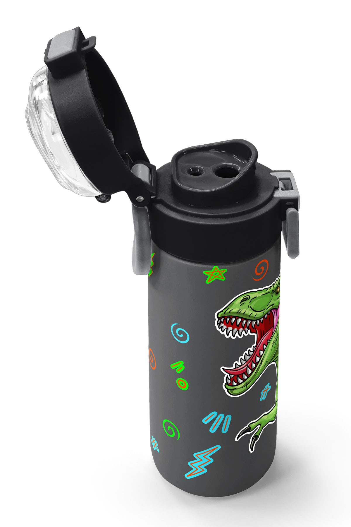 Coral High Kids Siyah Gri Dinozor Desenli Pipetli ve Direkt İçim Çelik Termos 500 ml 31946