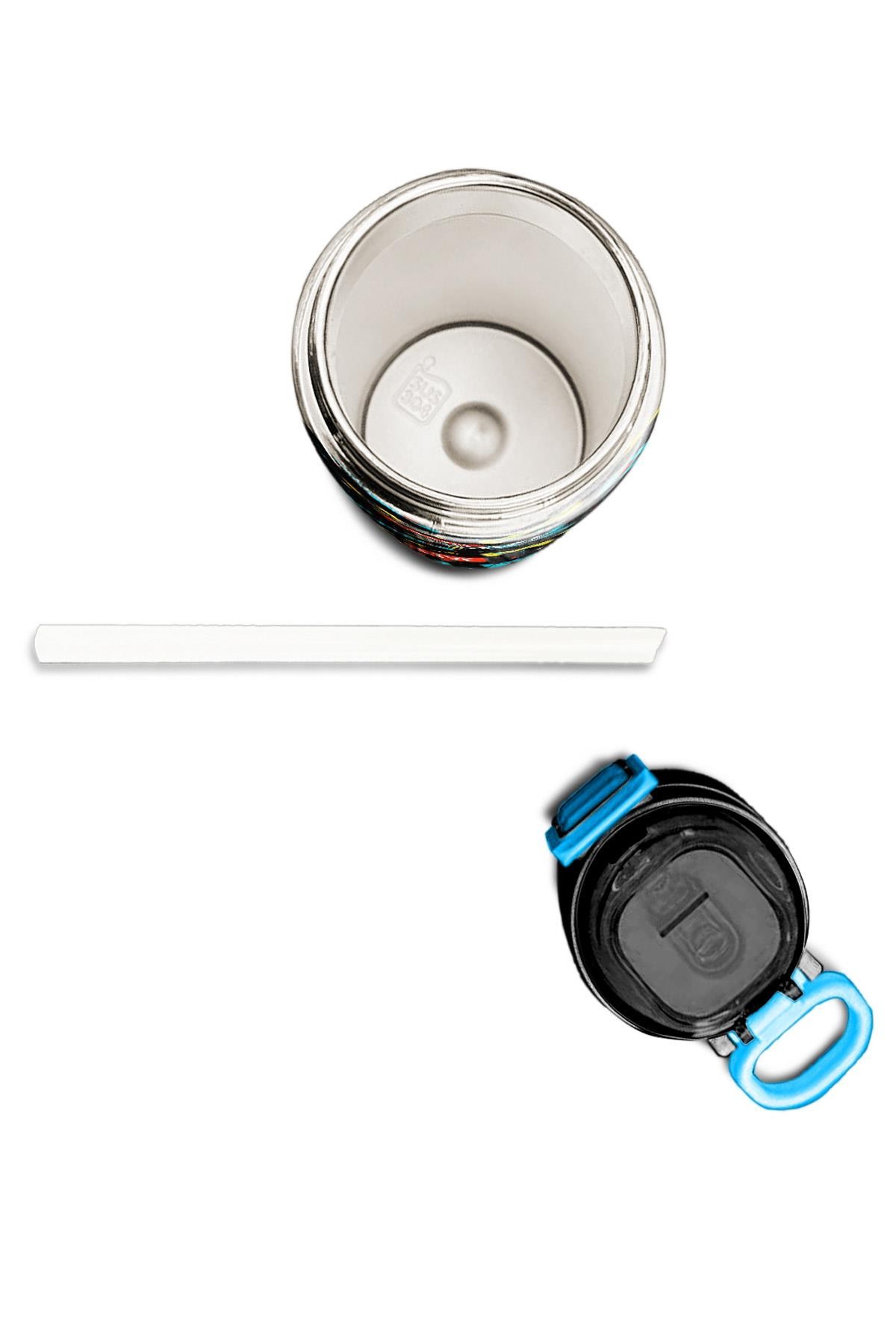 Coral High Kids Siyah Mavi Gamer Desenli Pipetli ve Direkt İçim Çelik Termos 500 ml 31984