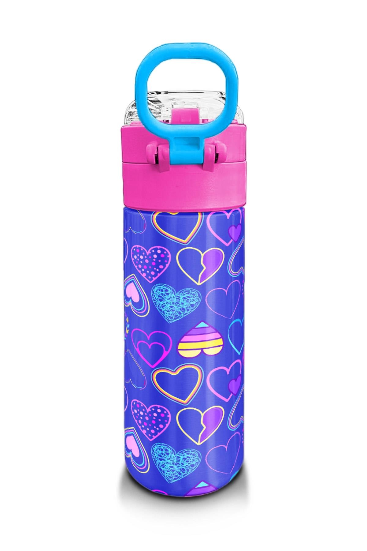 Coral High Kids Açık Pembe Lavanta Kalp Desenli Pipetli ve Direkt İçim Çelik Termos 500 ml 31977