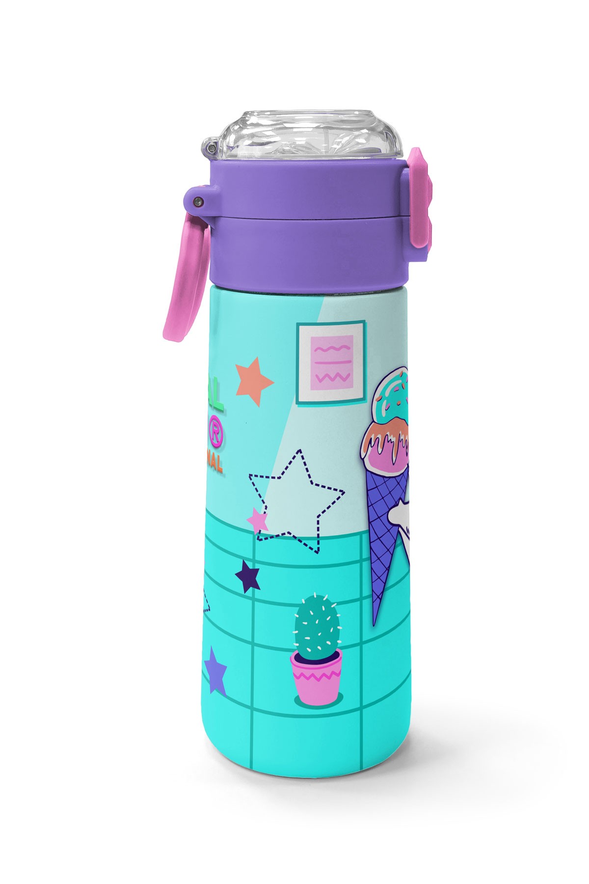 Coral High Kids Turkuaz Pembe Dondurmalı Desenli Pipetli ve Direkt İçim Çelik Termos 500 ml 31952