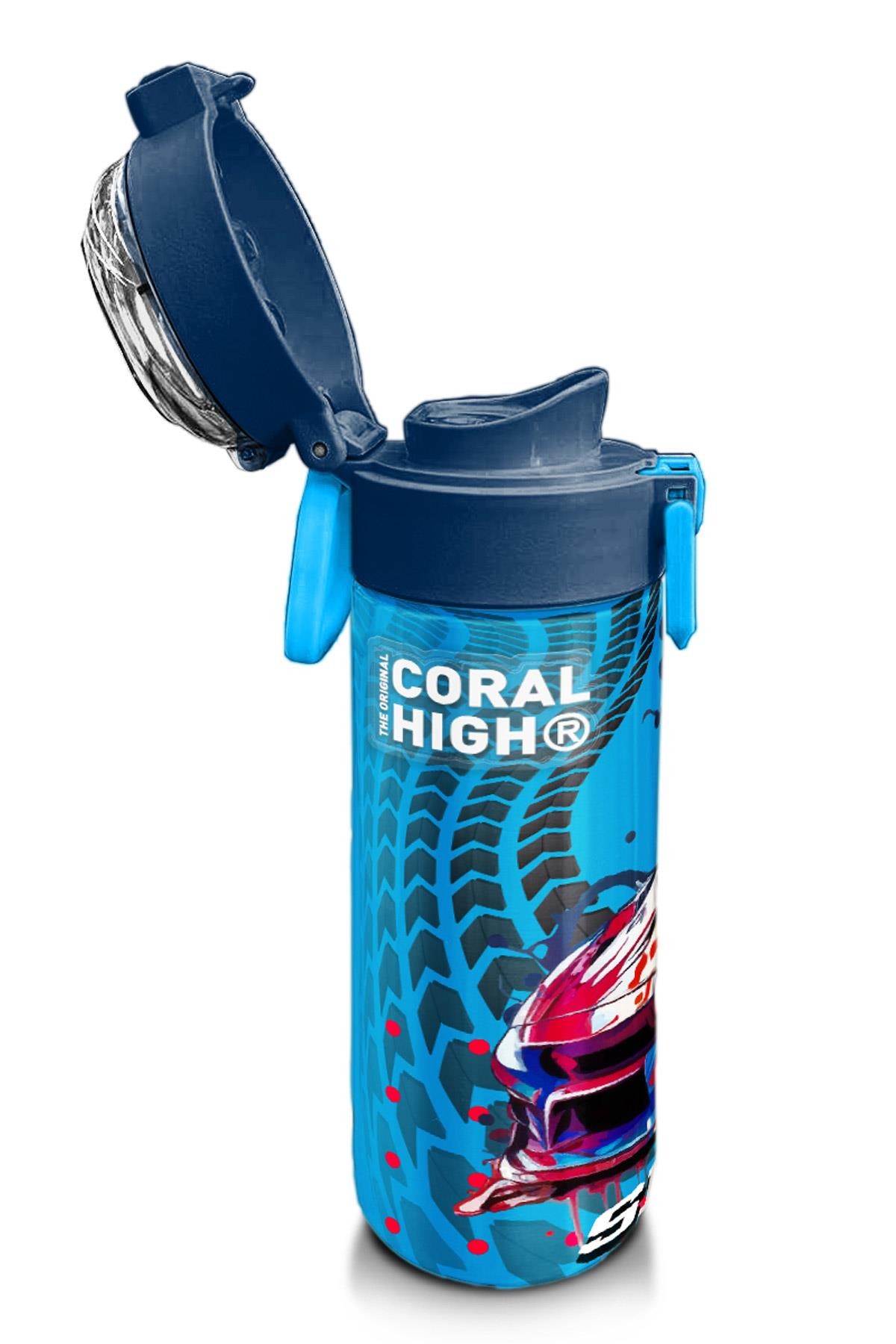 Coral High Kids Gri Mavi Yarış Arabası Desenli Pipetli ve Direkt İçim Çelik Termos 500 ml 31815