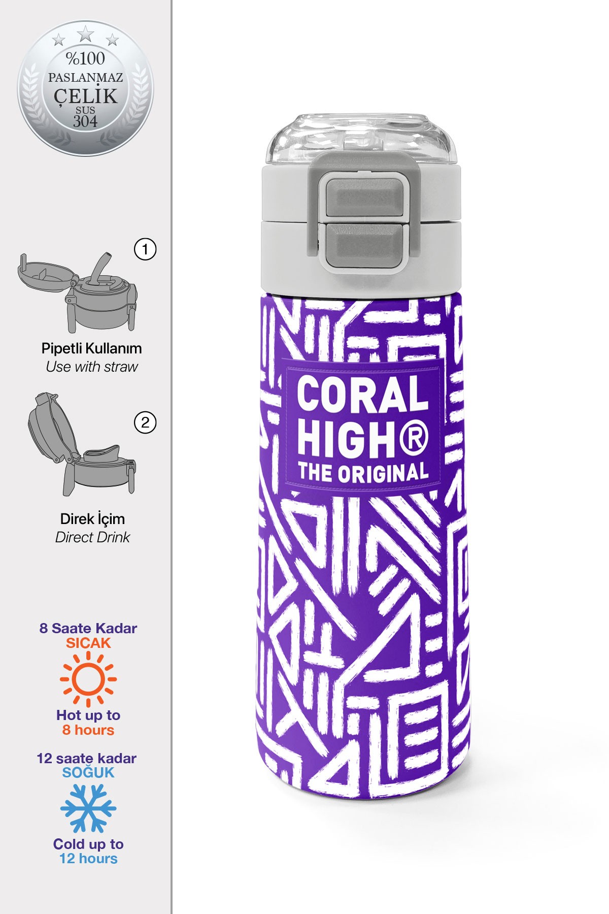 Coral High Kids Mor Beyaz Geometrik Desenli Pipetli ve Direkt İçim Çelik Termos 500 ml 31883
