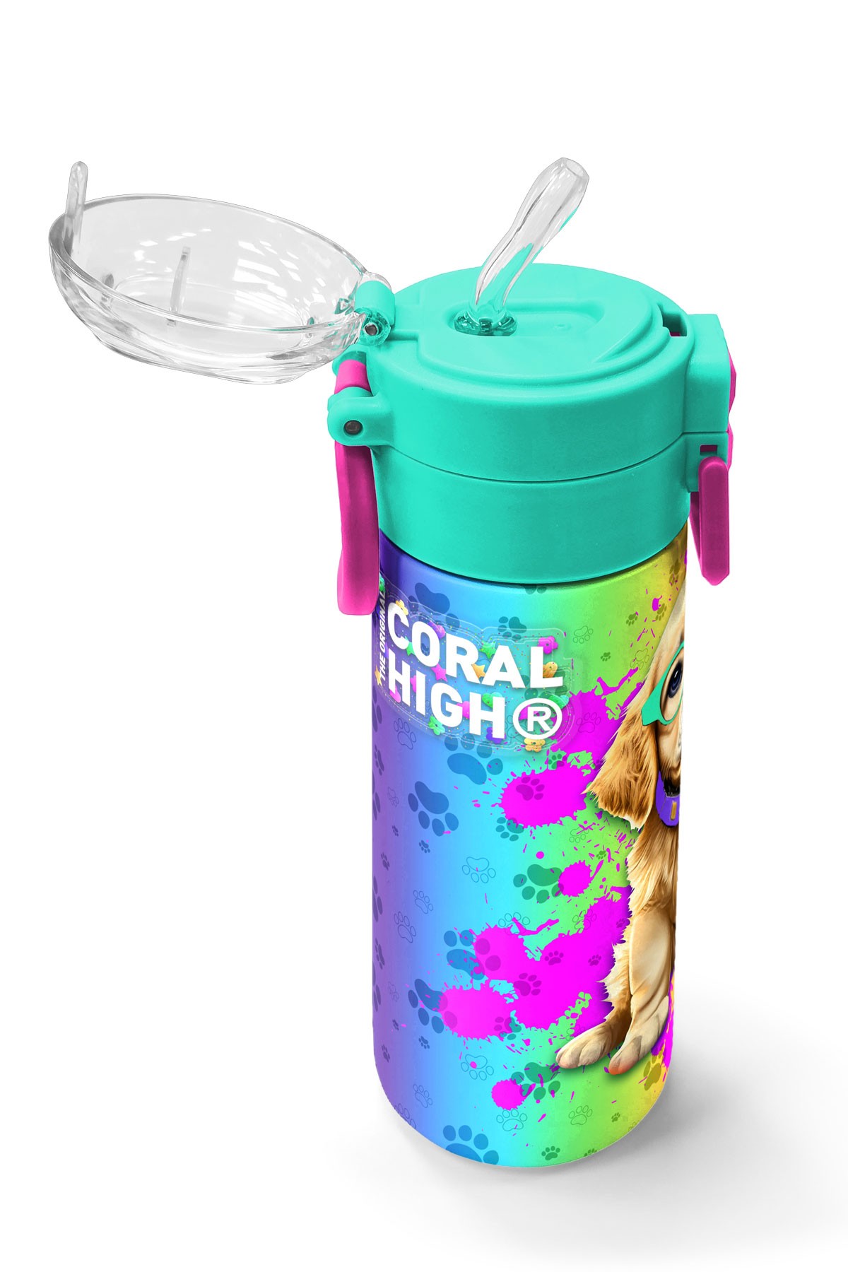Coral High Kids Mor Pembe Köpek Desenli Pipetli ve Direkt İçim Çelik Termos 500 ml 31813