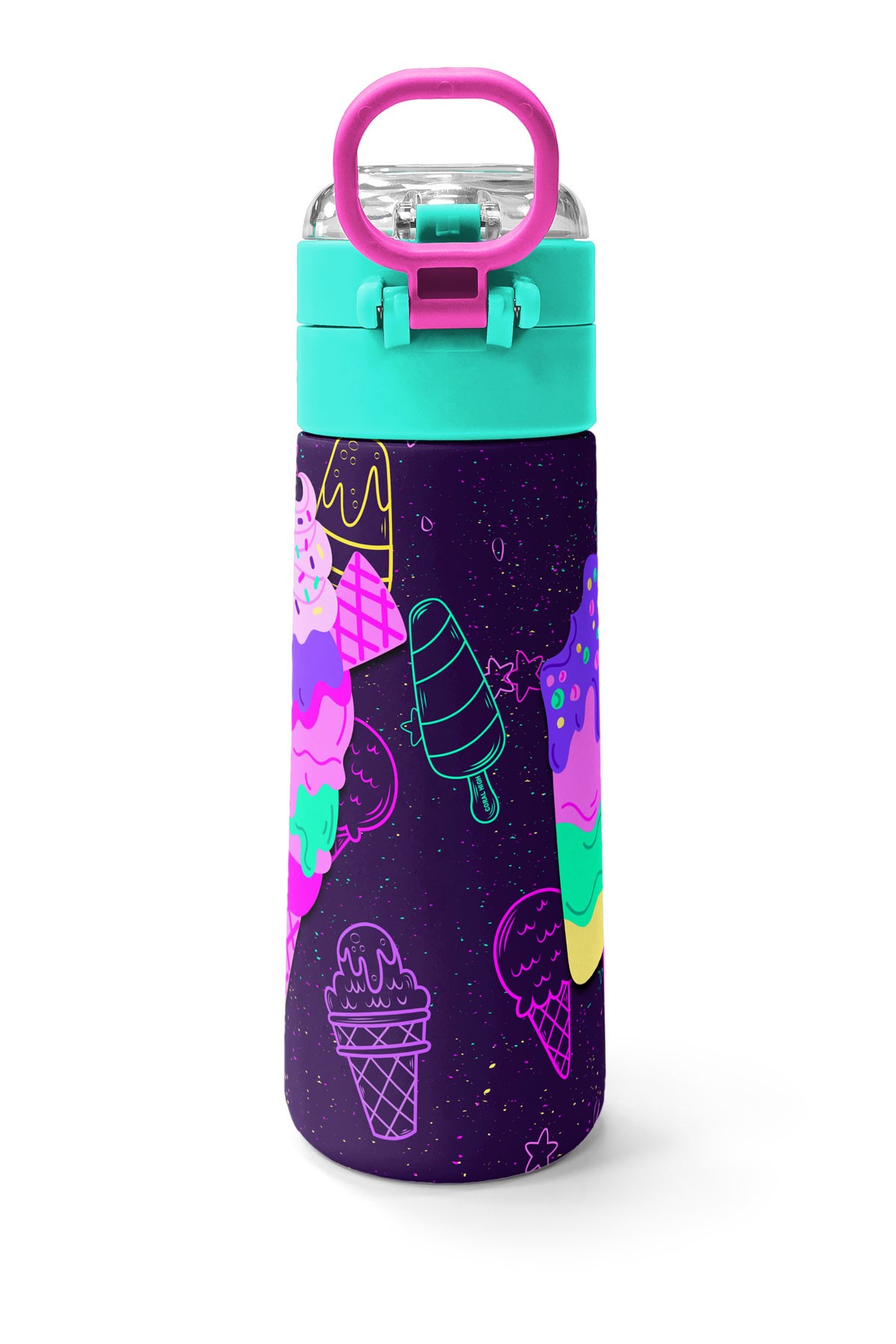 Coral High Kids Mor Pembe Dondurma Desenli Pipetli ve Direkt İçim Çelik Termos 500 ml 31980