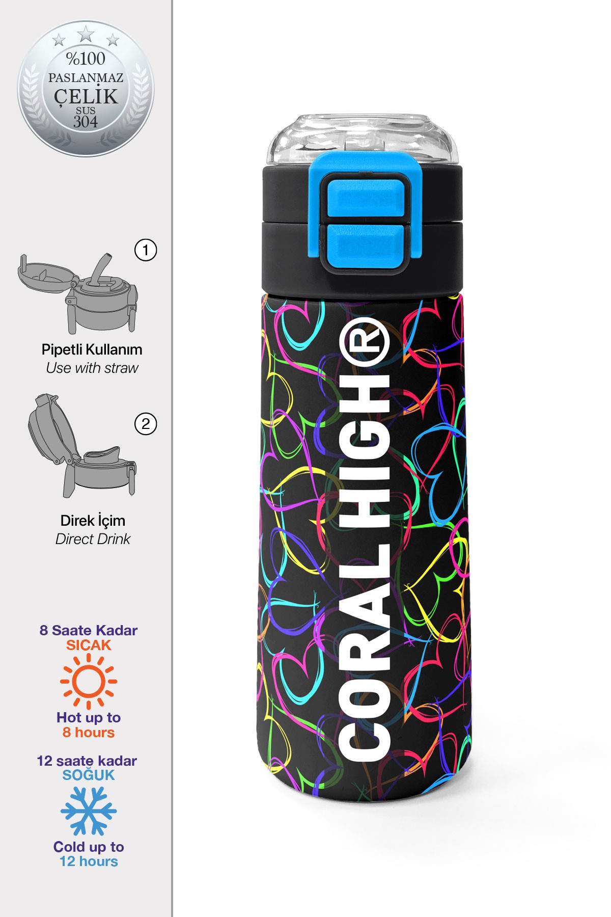 Coral High Kids Çok Renkli Kalp Desenli Pipetli ve Direkt İçim Çelik Termos 500 ml 31870