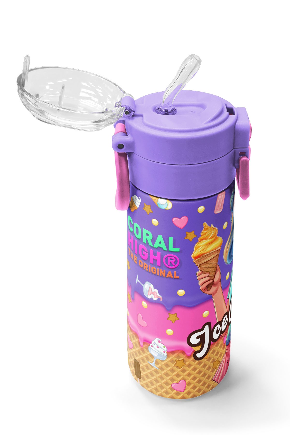 Coral High Kids Pembe Turkuaz K-Pop Desenli Pipetli ve Direkt İçim Çelik Termos 500 ml 31989