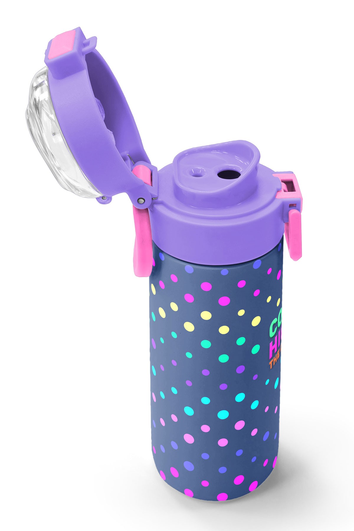 Coral High Kids Lacivert Puantiyeli Desenli Pipetli ve Direkt İçim Çelik Termos 500 ml 31872