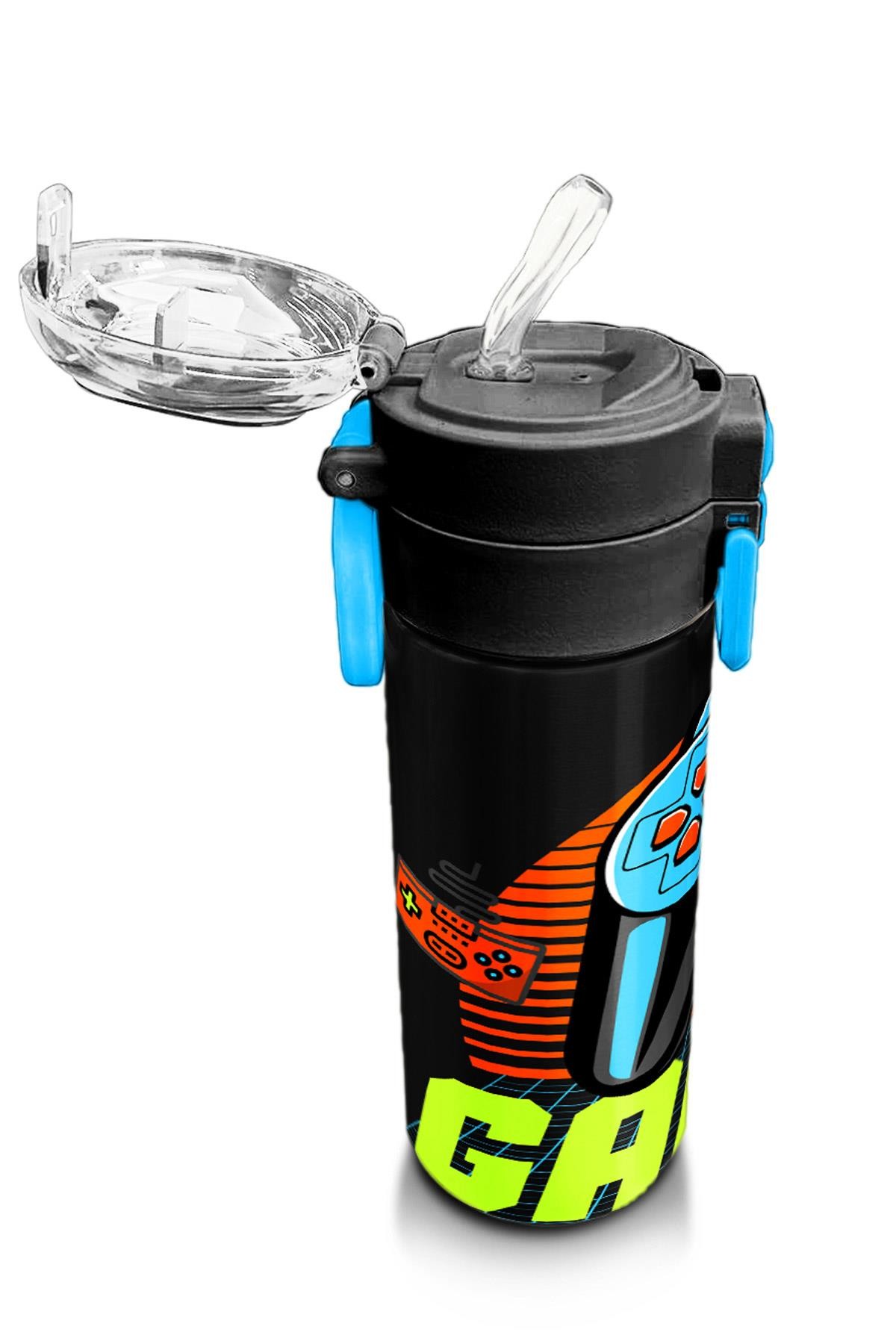 Coral High Kids Gri Turuncu Gamer Desenli Pipetli ve Direkt İçim Çelik Termos 500 ml 31947