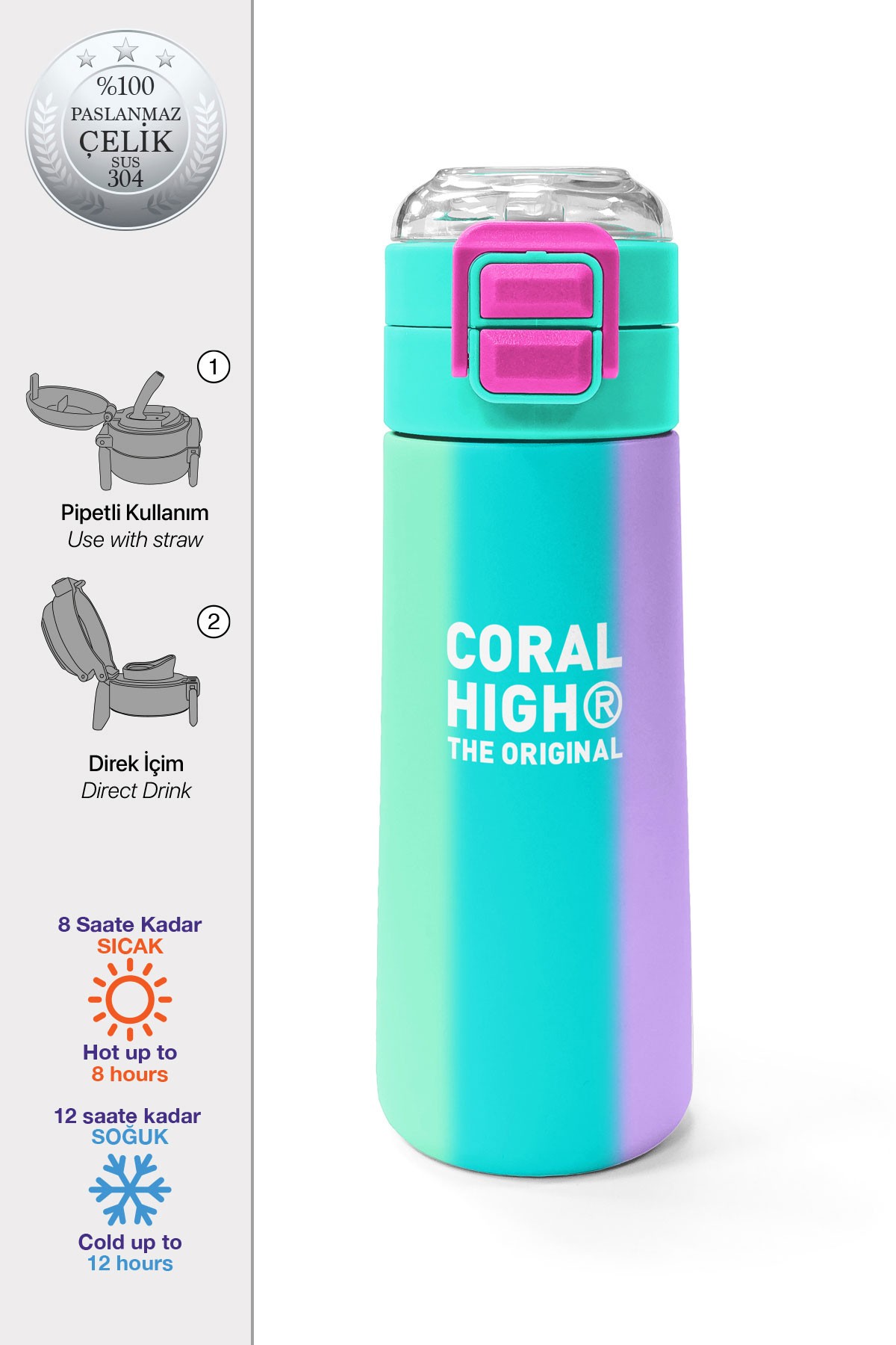 Coral High Kids Renkli Çizgili Pipetli ve Direkt İçim Çelik Termos 500 ml 31844