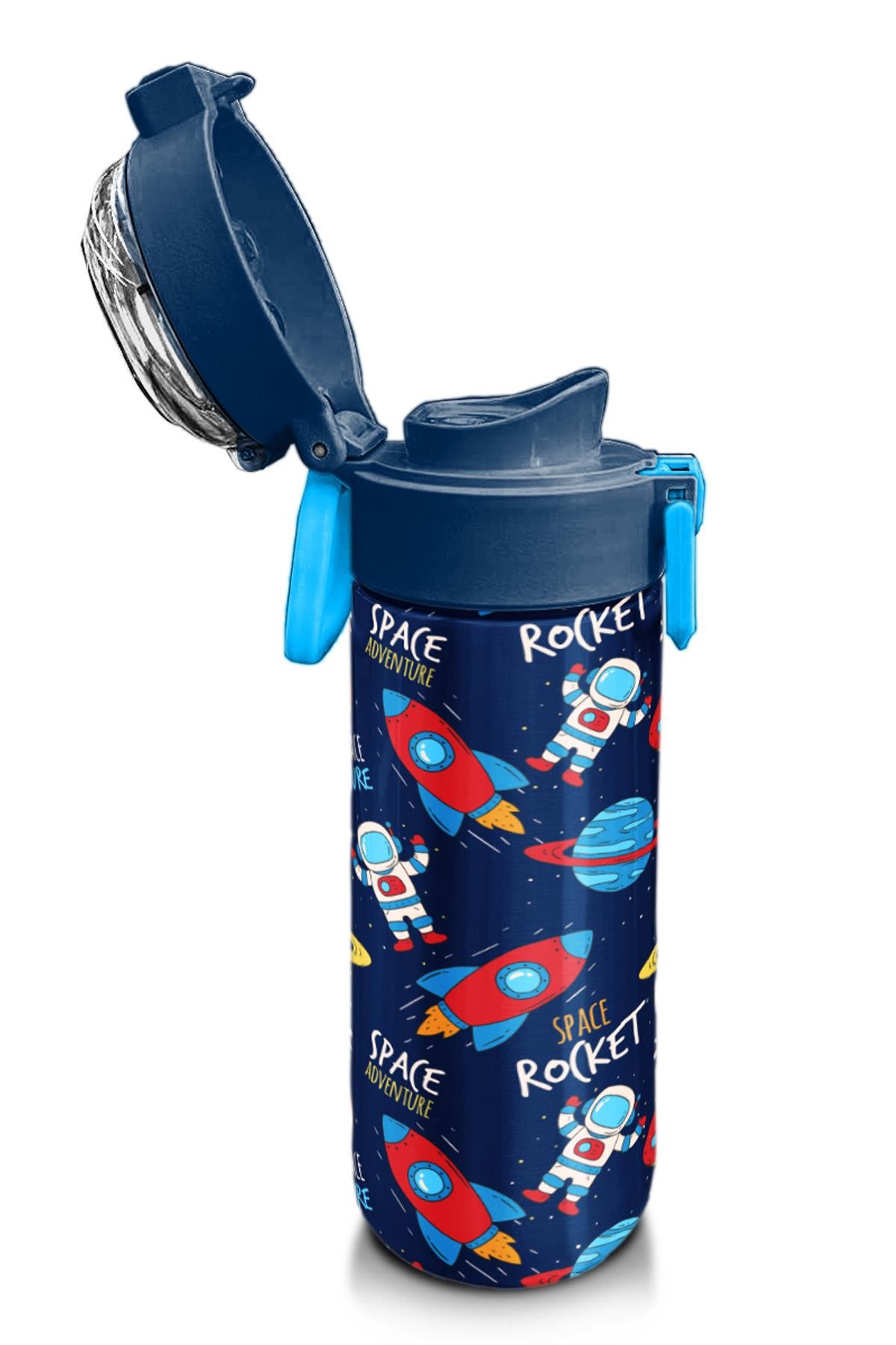 Coral High Kids Lacivert Mavi Uzay Desenli Pipetli ve Direkt İçim Çelik Termos 500 ml 31917