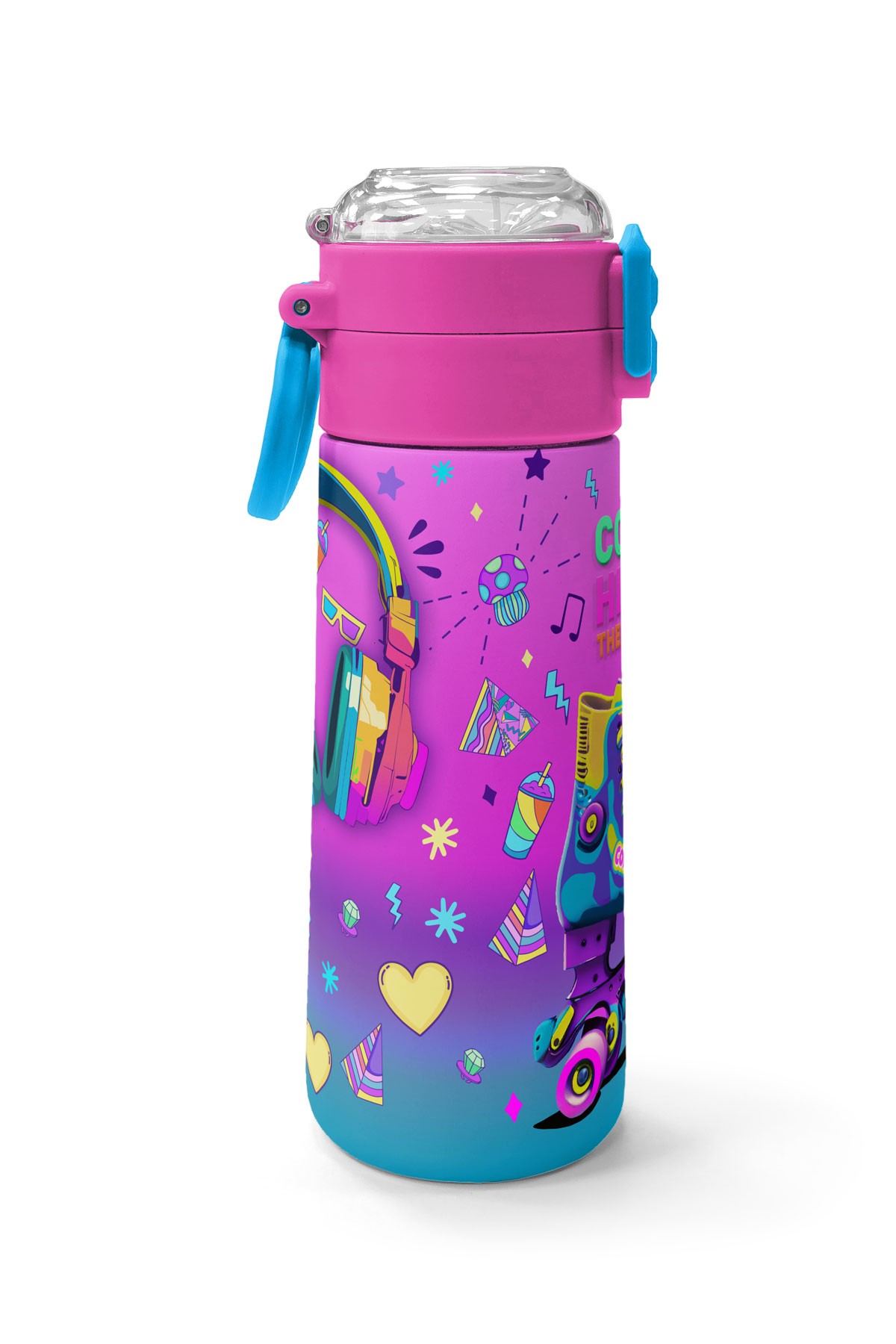 Coral High Kids Pembe Turkuaz Kulaklık Paten Desenli Pipetli ve Direkt İçim Çelik Termos 500 ml 31955