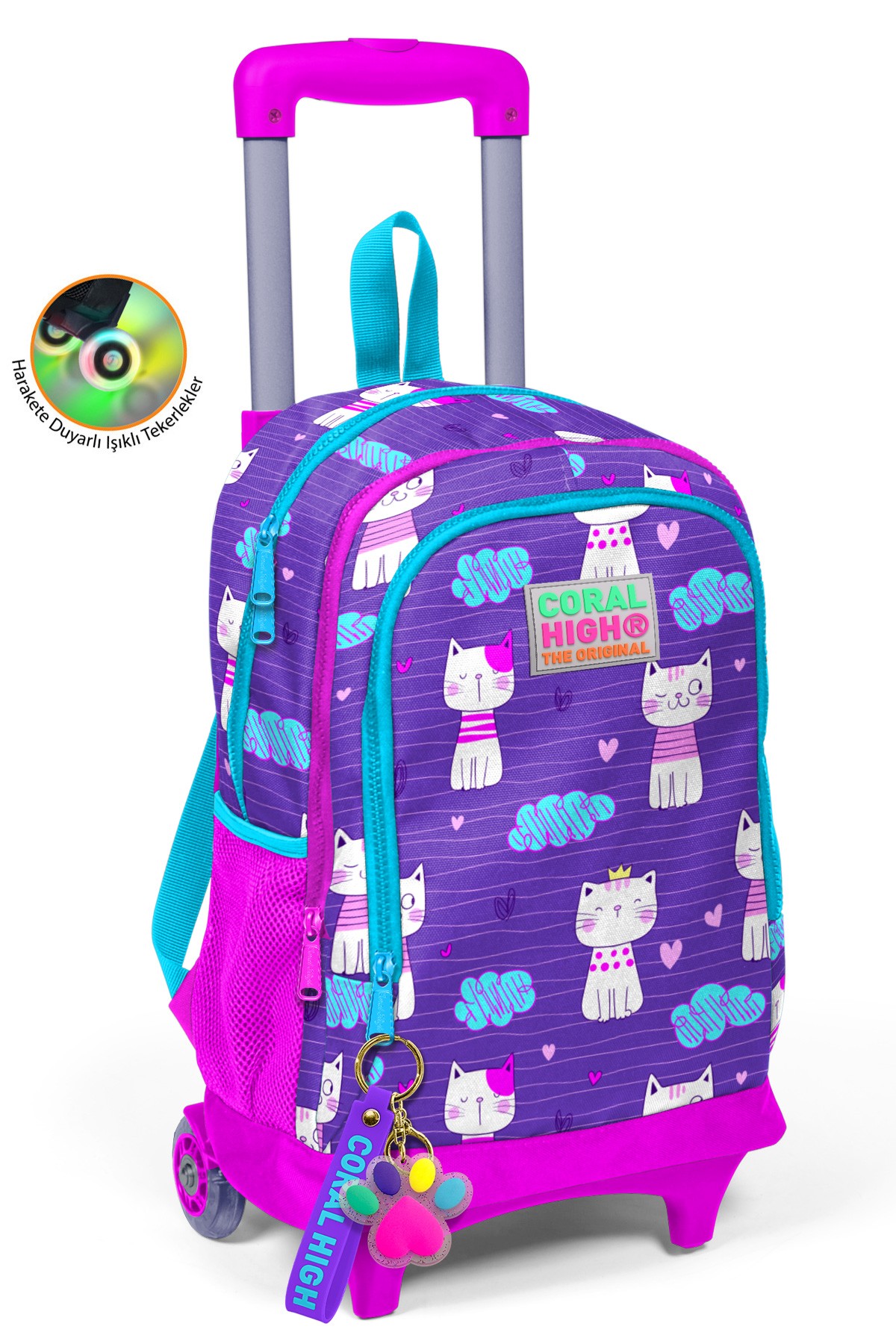 Coral High Kids Mor Pembe Kedi Desenli Üç Bölmeli Çekçekli Okul Sırt Çantası 23360