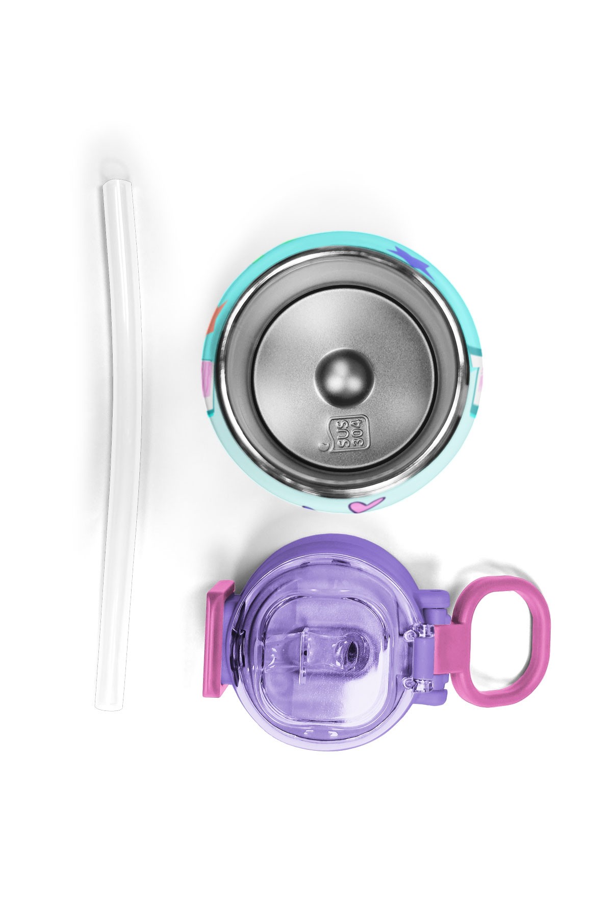 Coral High Kids Turkuaz Pembe Dondurmalı Desenli Pipetli ve Direkt İçim Çelik Termos 500 ml 31952