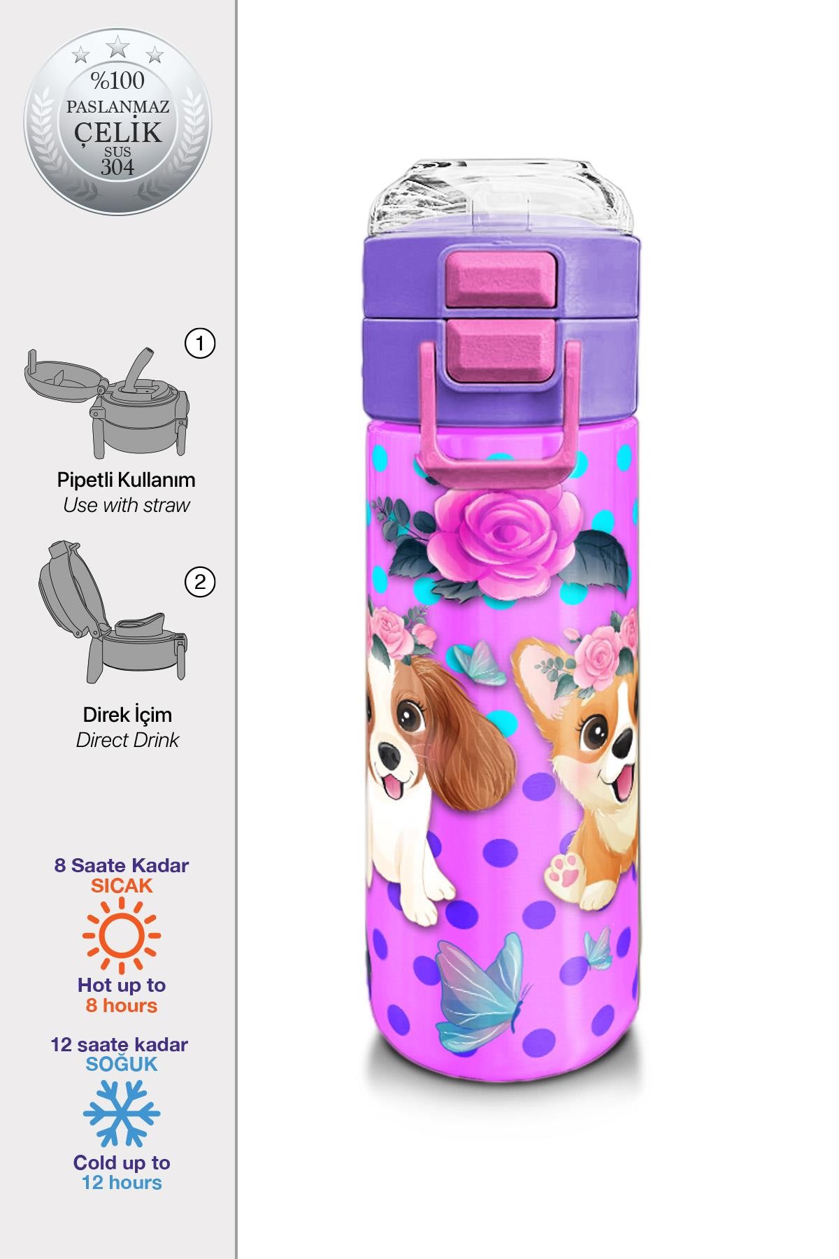 Coral High Kids Pembe Köpek Desenli Pipetli ve Direkt İçim Çelik Termos 500 ml 31951