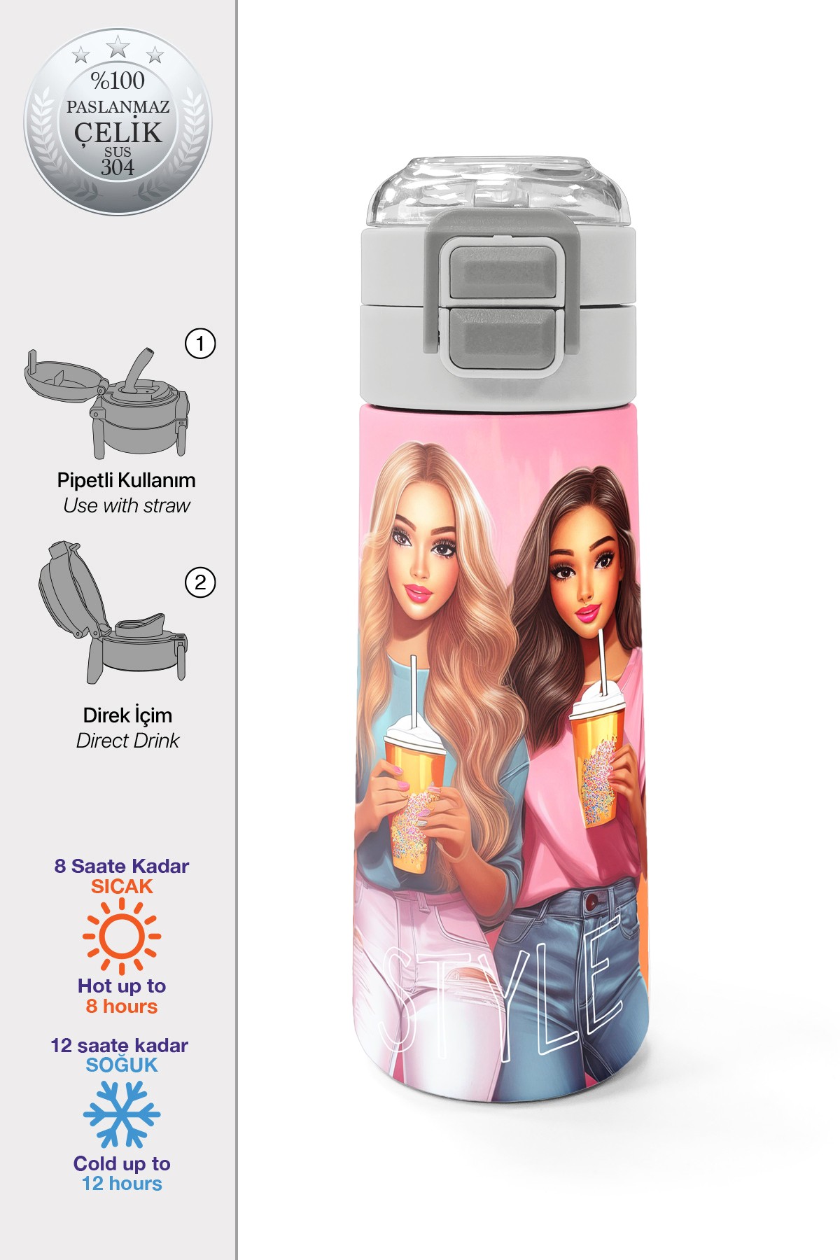 Coral High Kids Pembe Mercan Fashion Girl Desenli Pipetli ve Direkt İçim Çelik Termos 500 ml 31869