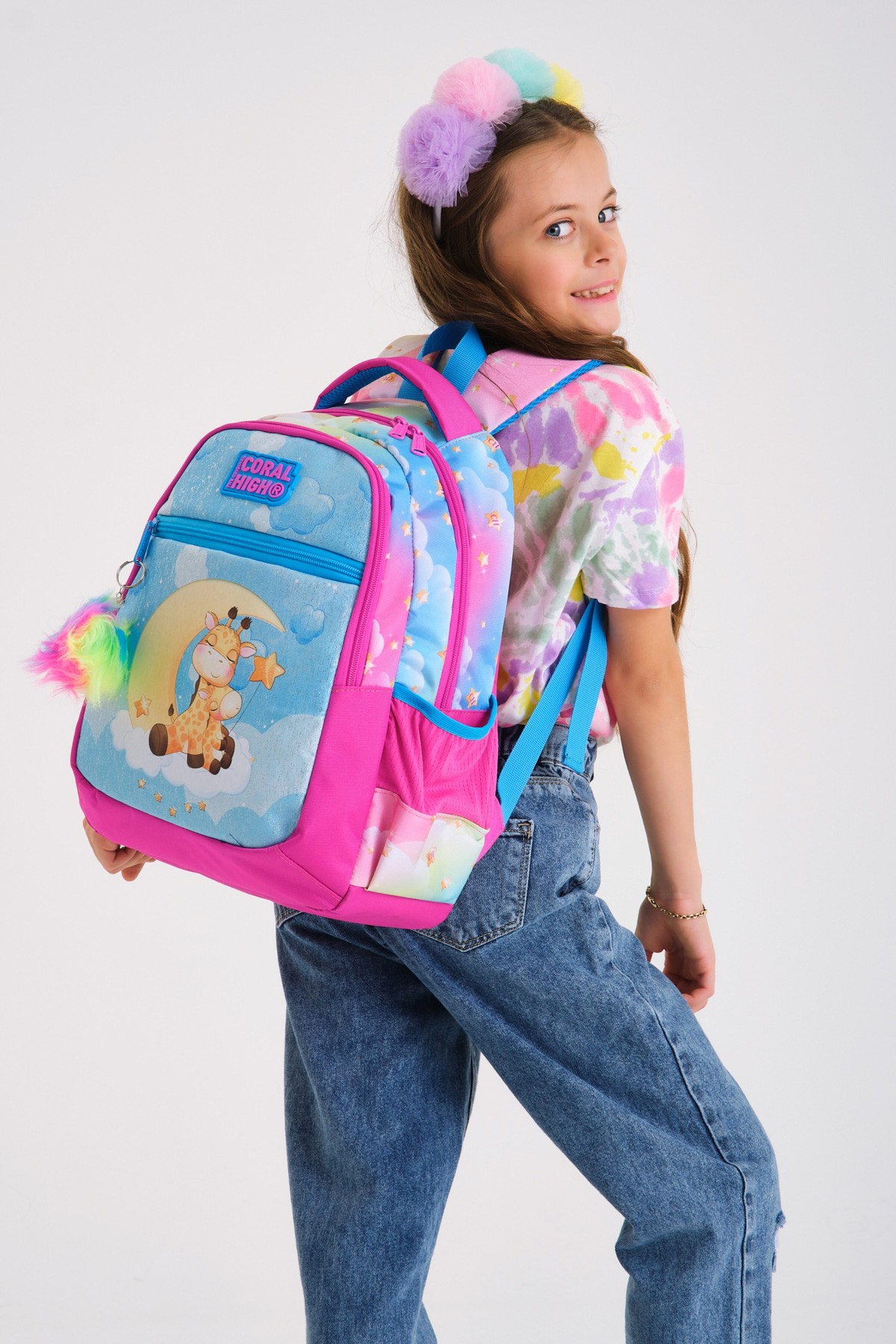Coral High Kids Mavi Pembe Zürafa Desenli Üç Bölmeli Okul Sırt Çantası 23479