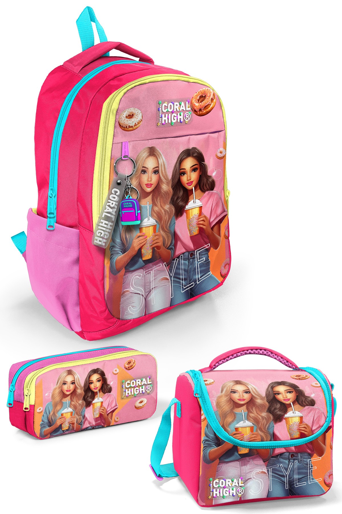 Coral High Kids Pembe Neon Mercan Fashion Girl Desenli 3’lü Okul Çanta Seti SET0123669