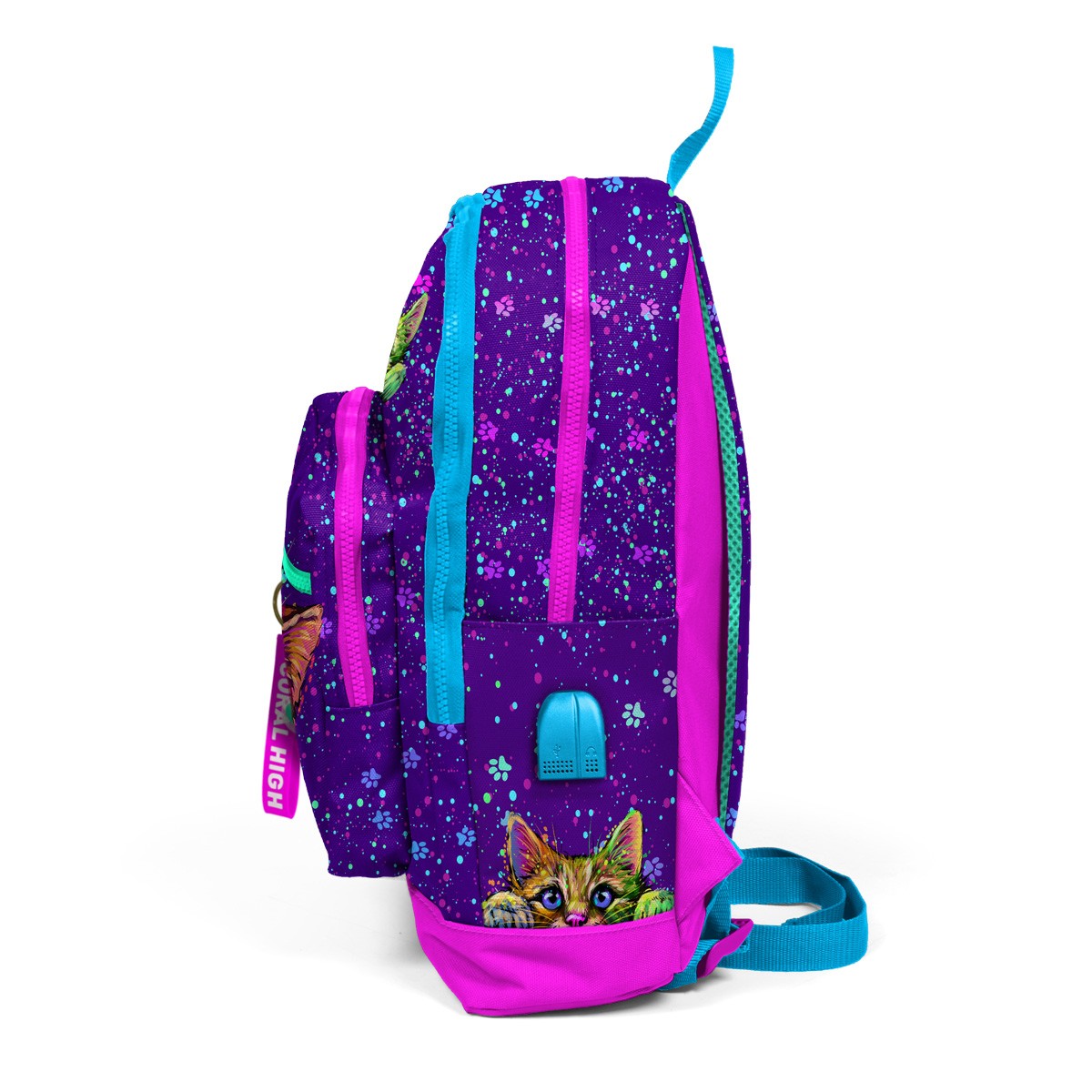 Coral High Kids Mor Pembe Kedi Desenli Dört Bölmeli USB'li Okul Sırt Çantası 23832