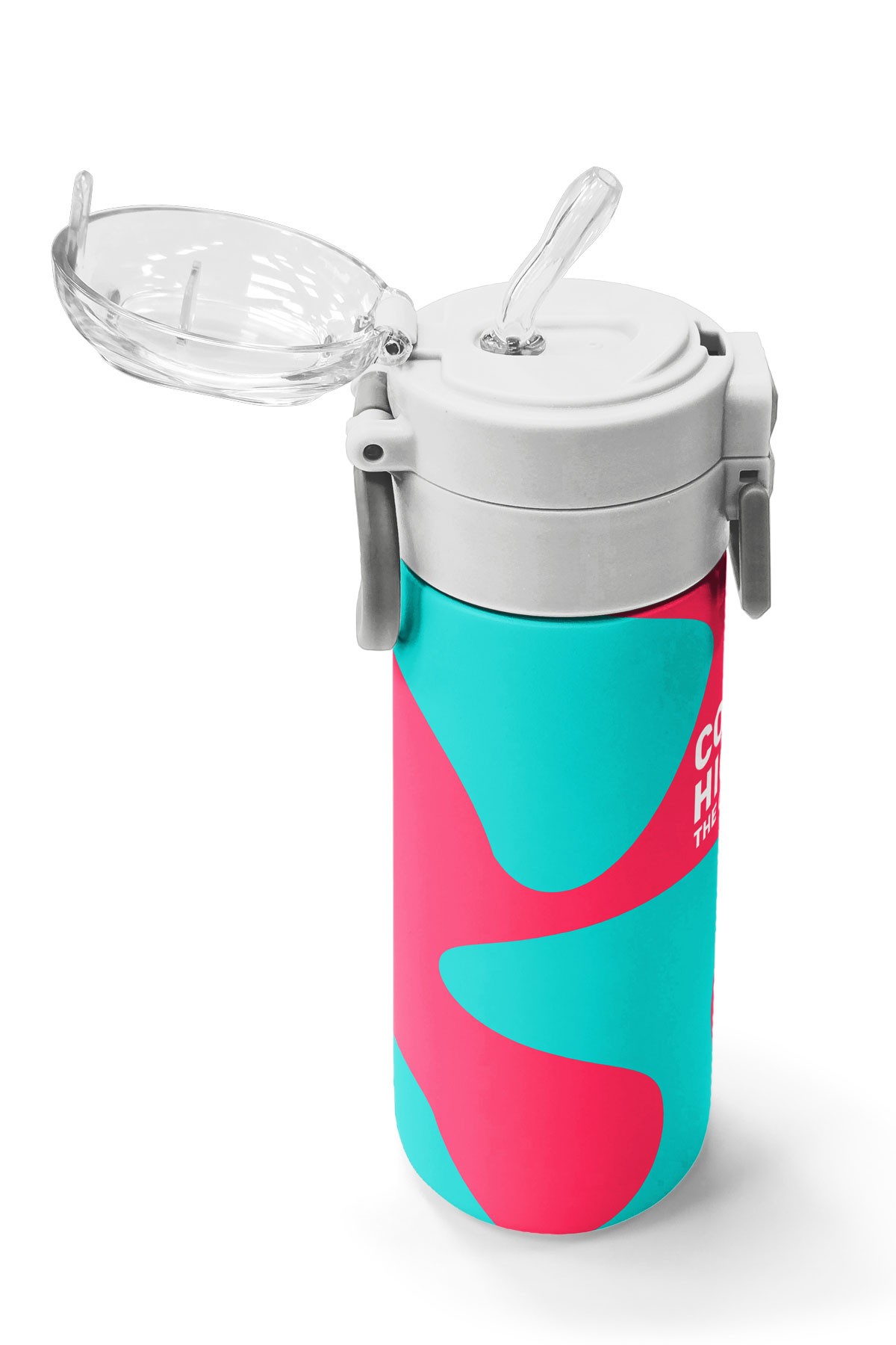 Coral High Kids Neon Mercan Turkuaz Desenli Pipetli ve Direkt İçim Çelik Termos 500 ml 31885