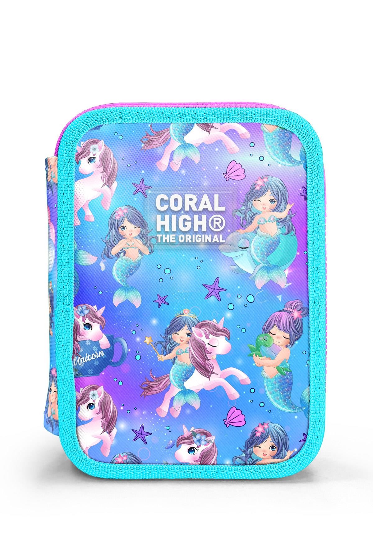 Coral High Kids Mor Pembe Unicorn Deniz Kızı Desenli Çift Katlı Kalem Çanta 11138