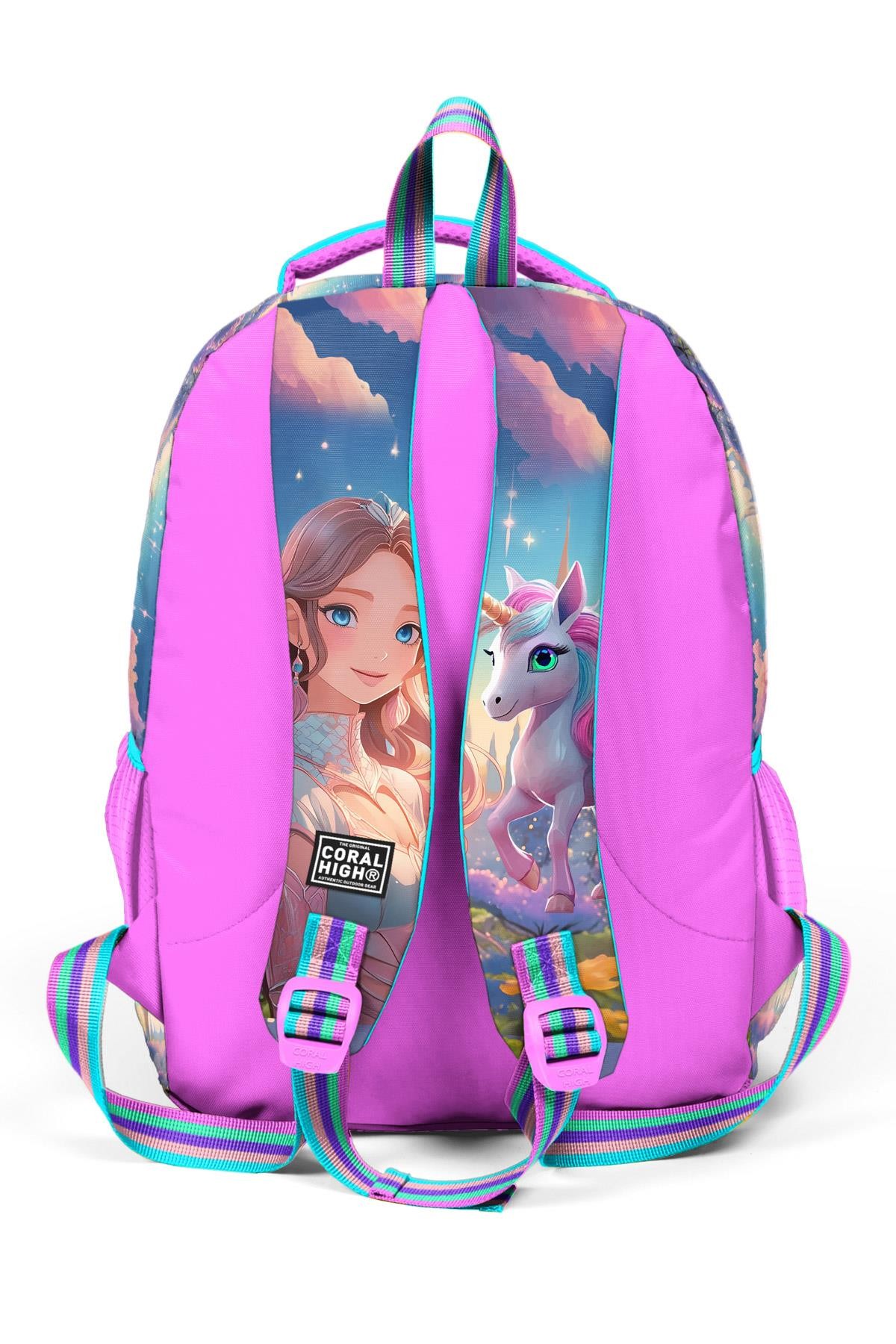 Coral High Kids Turkuaz Pembe Anime Kız Desenli Üç Bölmeli Okul Sırt Çantası 14420
