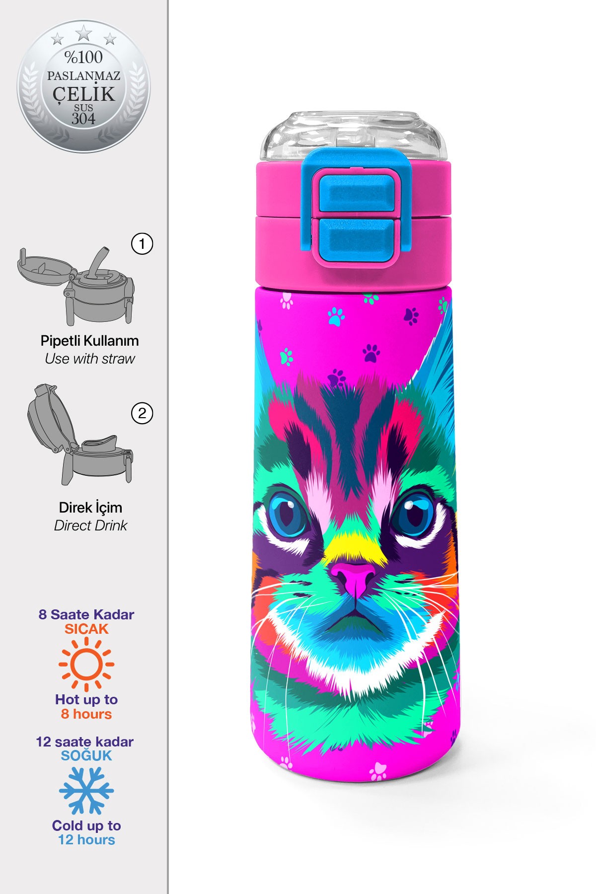 Coral High Kids Mor Pembe Kedi Desenli Pipetli ve Direkt İçim Çelik Termos 500 ml 31800