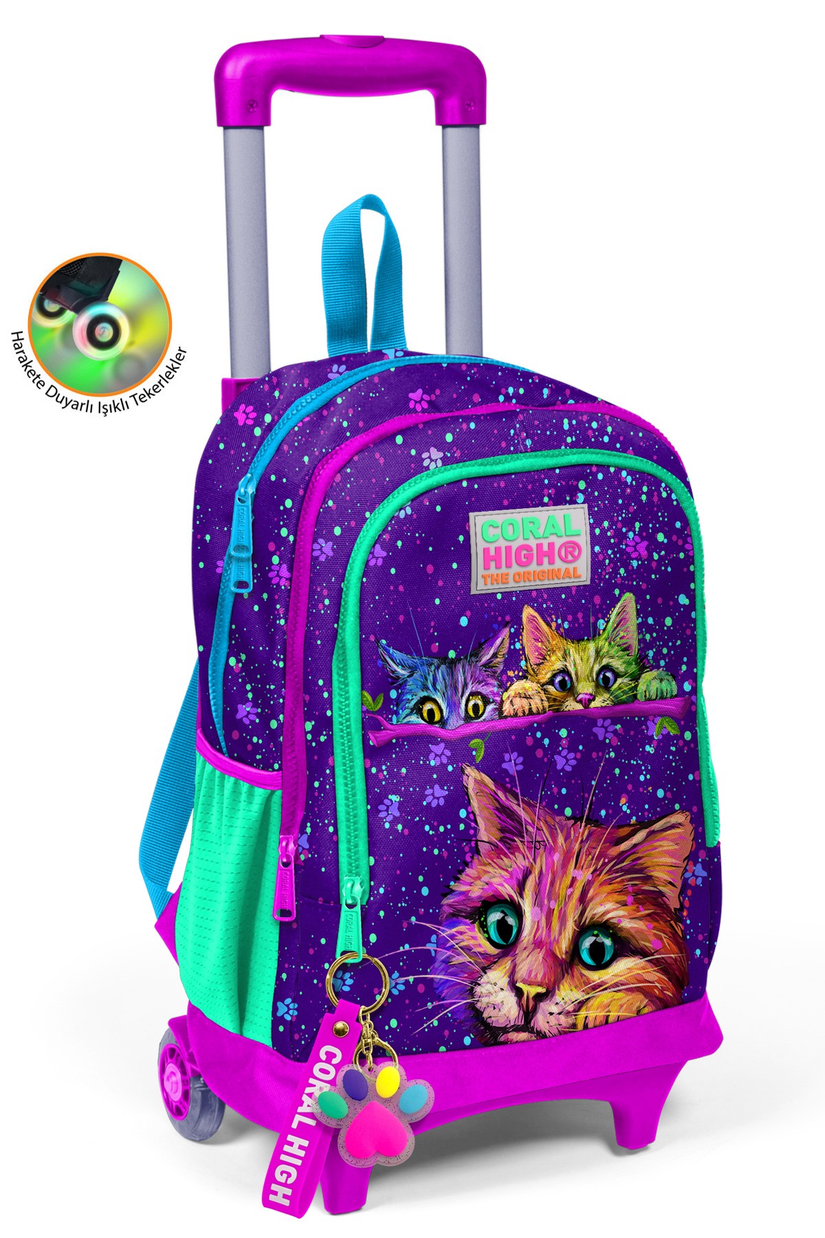 Coral High Kids Mor Pembe Kedi Desenli Üç Bölmeli Çekçekli Okul Sırt Çantası 23932