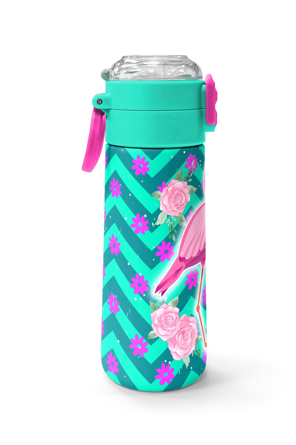 Coral High Kids Su Yeşili Pembe Flamingo Desenli Pipetli ve Direkt İçim Çelik Termos 500 ml 31820