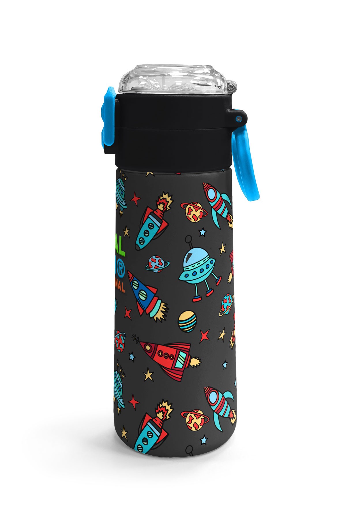 Coral High Kids Koyu Gri Kırmızı Uzay Desenli Pipetli ve Direkt İçim Çelik Termos 500 ml 31916