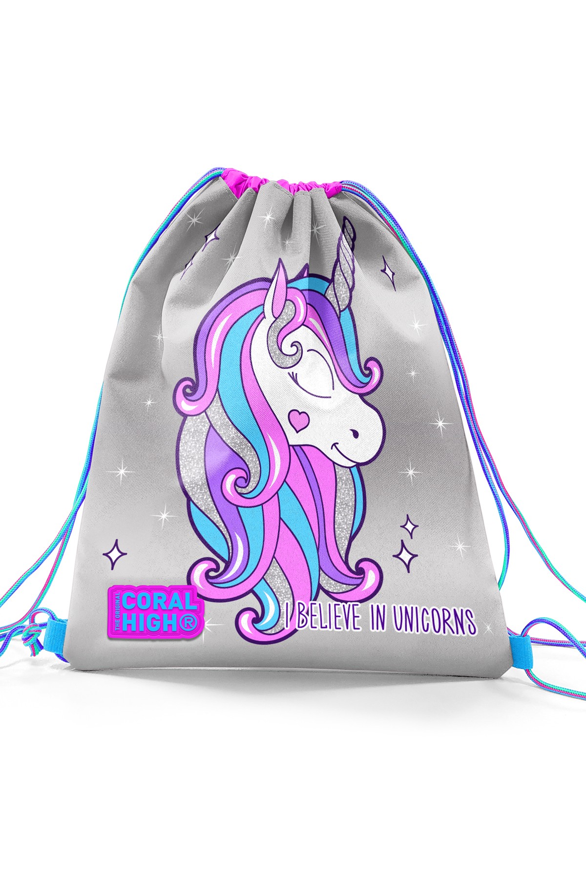 Coral High Kids Pembe Gümüş Simli Unicorn Desenli İpli Büzgülü Sırt Çantası 22482