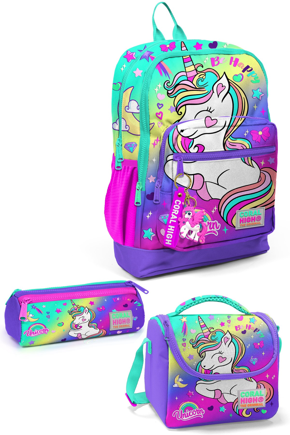 Coral High Kids Lavanta Su Yeşili  Unicorn Desenli 3’lü Okul Çanta Seti SET0123729