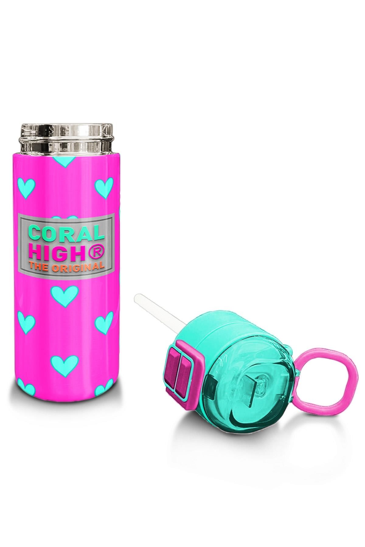 Coral High Kids Neon Pembe Su Yeşili Kalp Desenli Pipetli ve Direkt İçim Çelik Termos 500 ml 31906