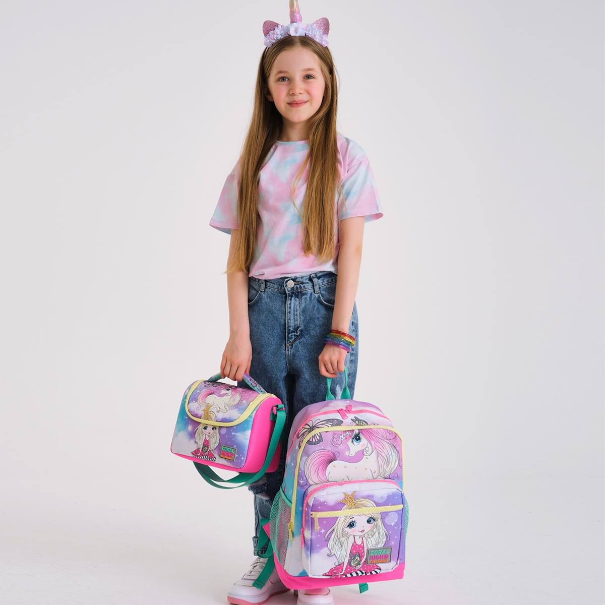 Coral High Kids Pembe Su Yeşili Unicornlu Kız Desenli 3’lü Okul Çanta Seti SET0123733