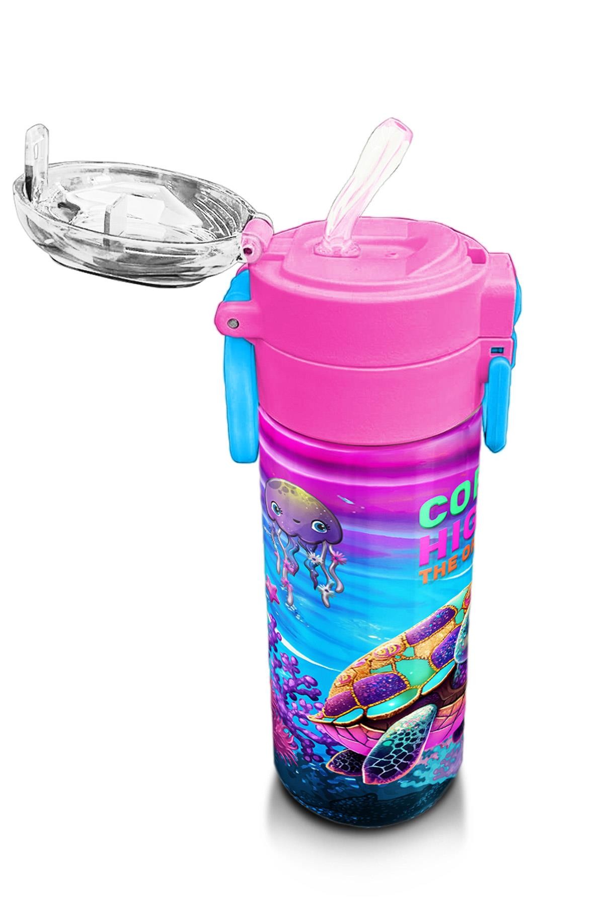 Coral High Kids Pembe Mor Kaplumbağa Desenli Pipetli ve Direkt İçim Çelik Termos 500 ml 31957