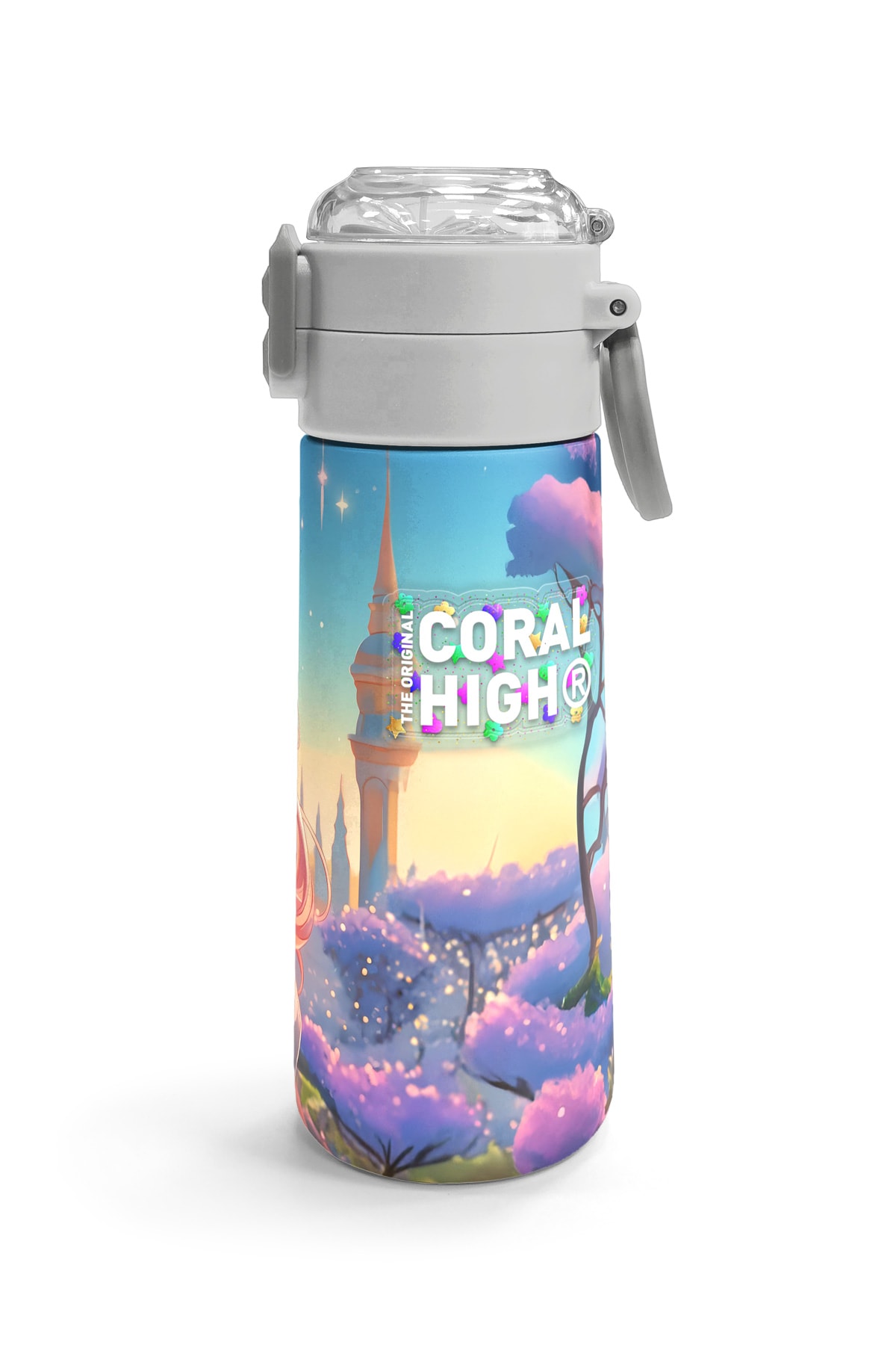 Coral High Kids Turkuaz Pembe Anime Kız Desenli Pipetli ve Direkt İçim Çelik Termos 500 ml 31858