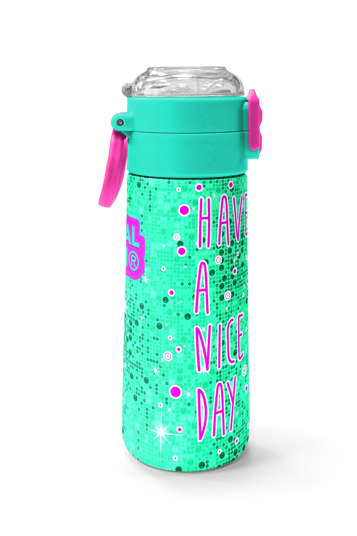 Coral High Kids Pembe Su Yeşili Kedi Desenli Pipetli ve Direkt İçim Çelik Termos 500 ml 31806