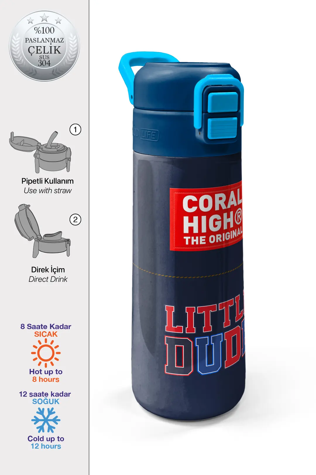 Coral High Kids Dark Blue Little Dude Printed Steel Thermos with
