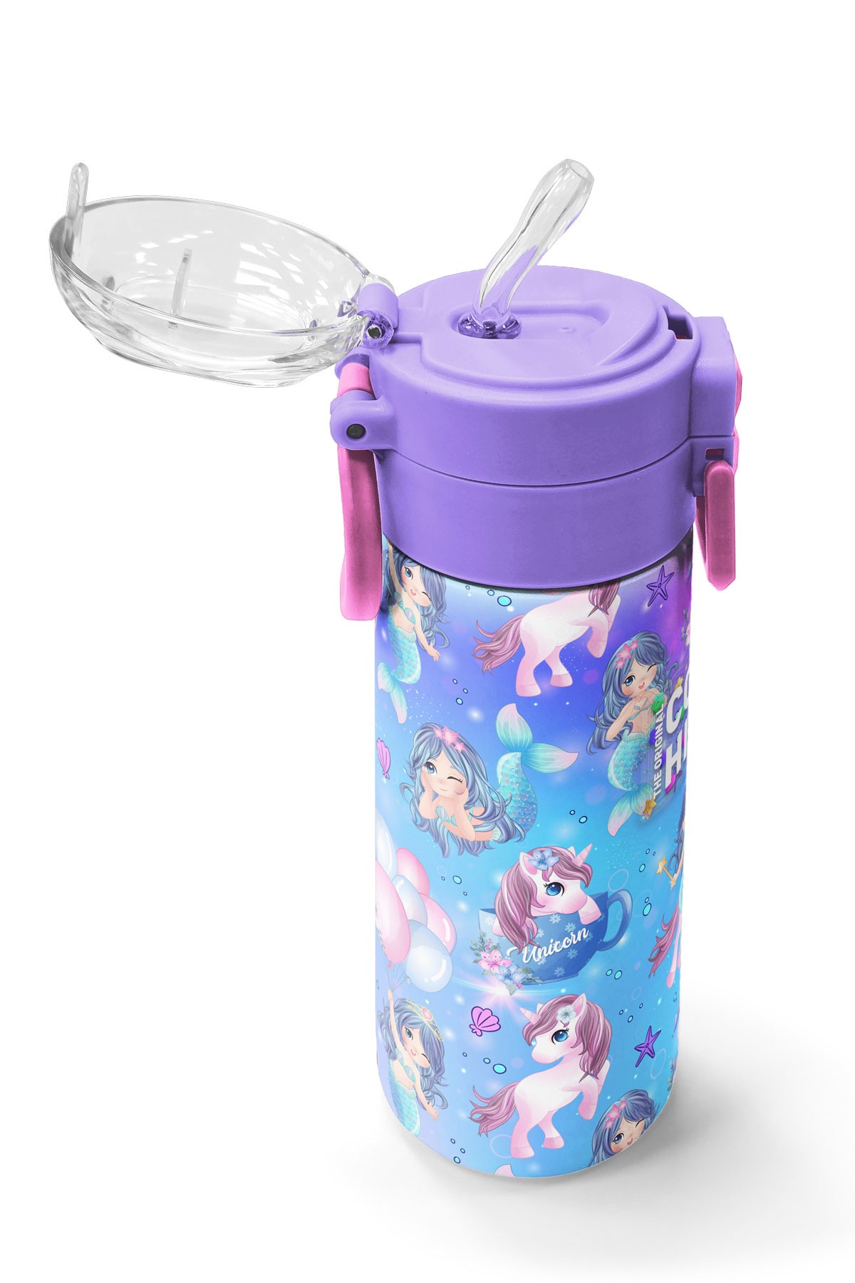 Coral High Kids Mor Pembe Unicorn Deniz Kızı Desenli Pipetli ve Direkt İçim Çelik Termos 500 ml 31982