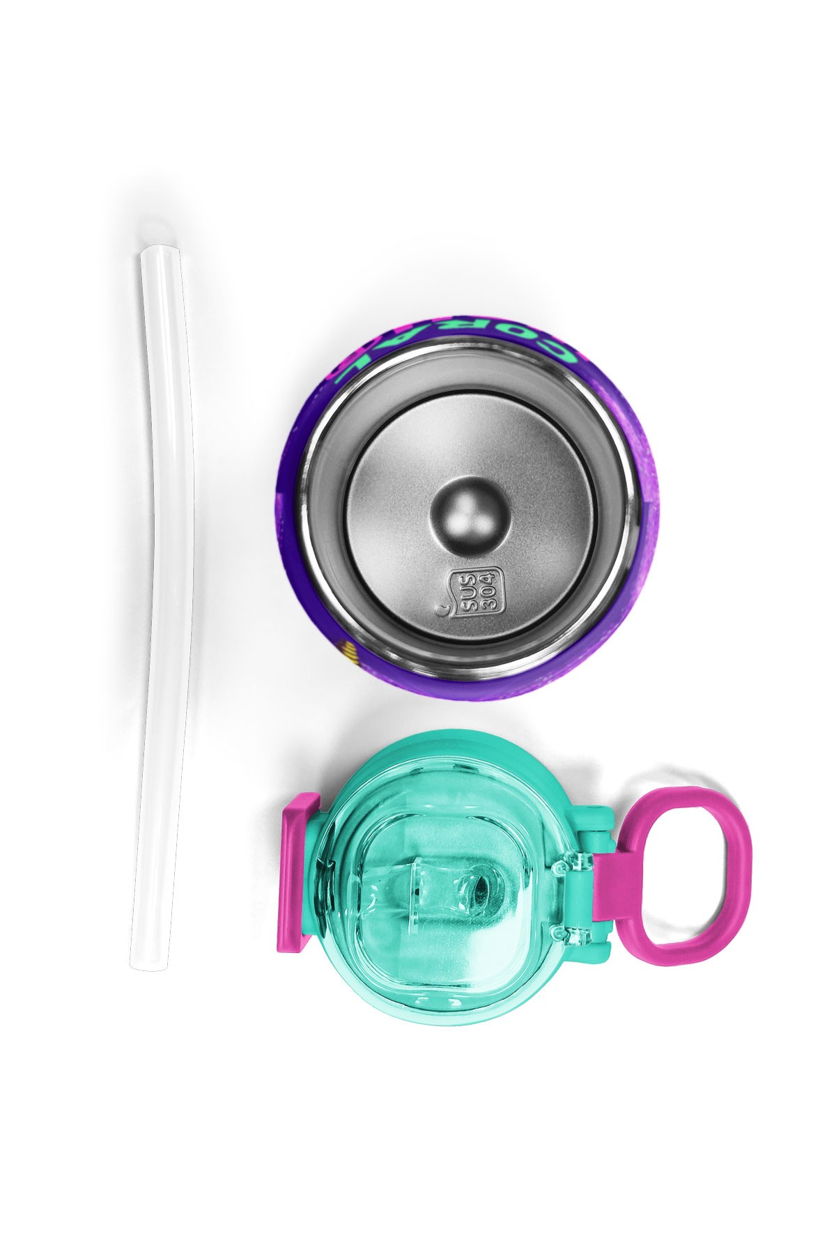 Coral High Kids Pembe Su Yeşili Unicorn Desenli Pipetli ve Direkt İçim Çelik Termos 500 ml 31959