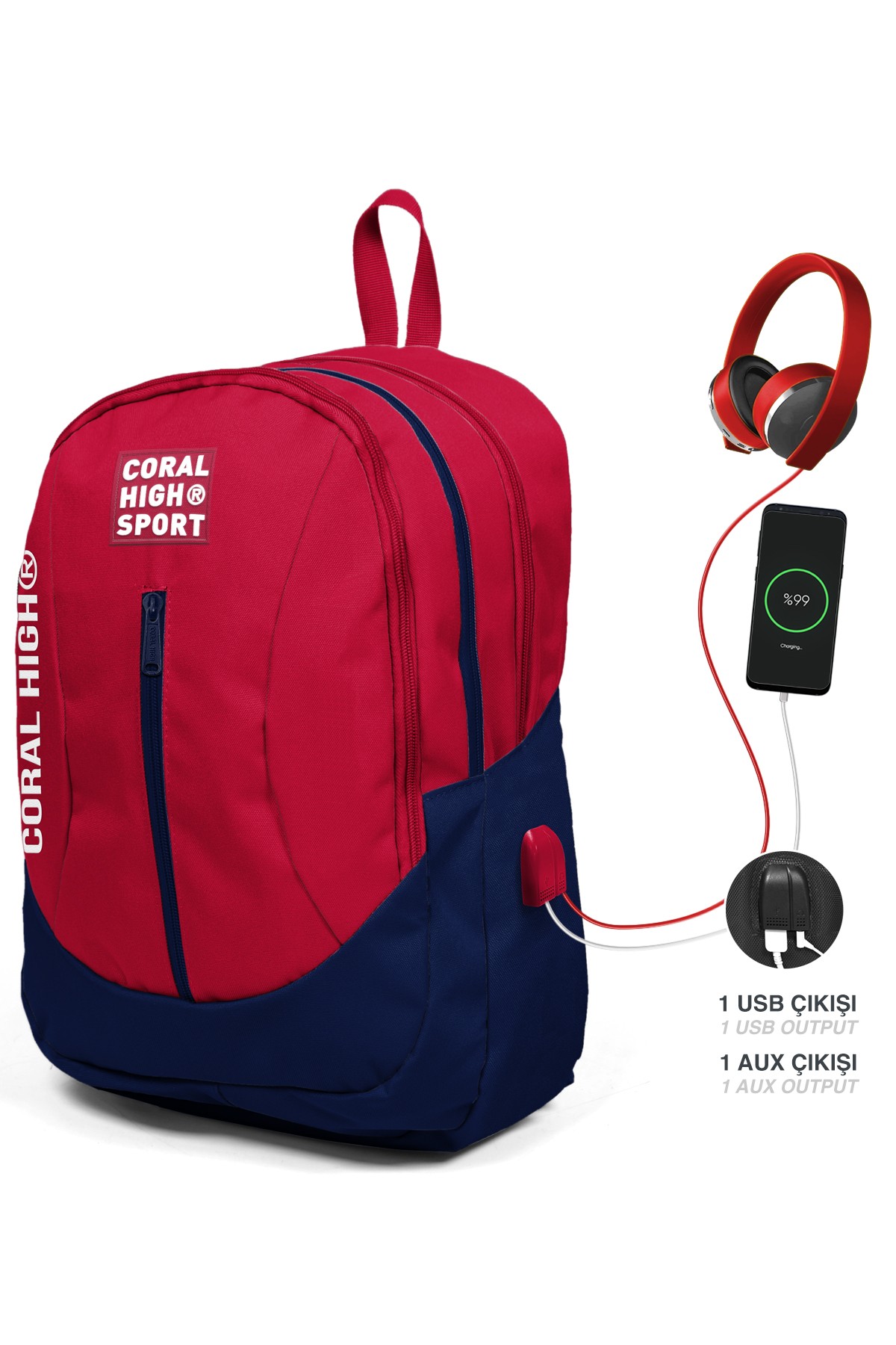 Coral High Sport Kırmızı Lacivert Dört Bölmeli USB Şarjlı Kulaklık Çıkışlı Sırt Çantası 23447