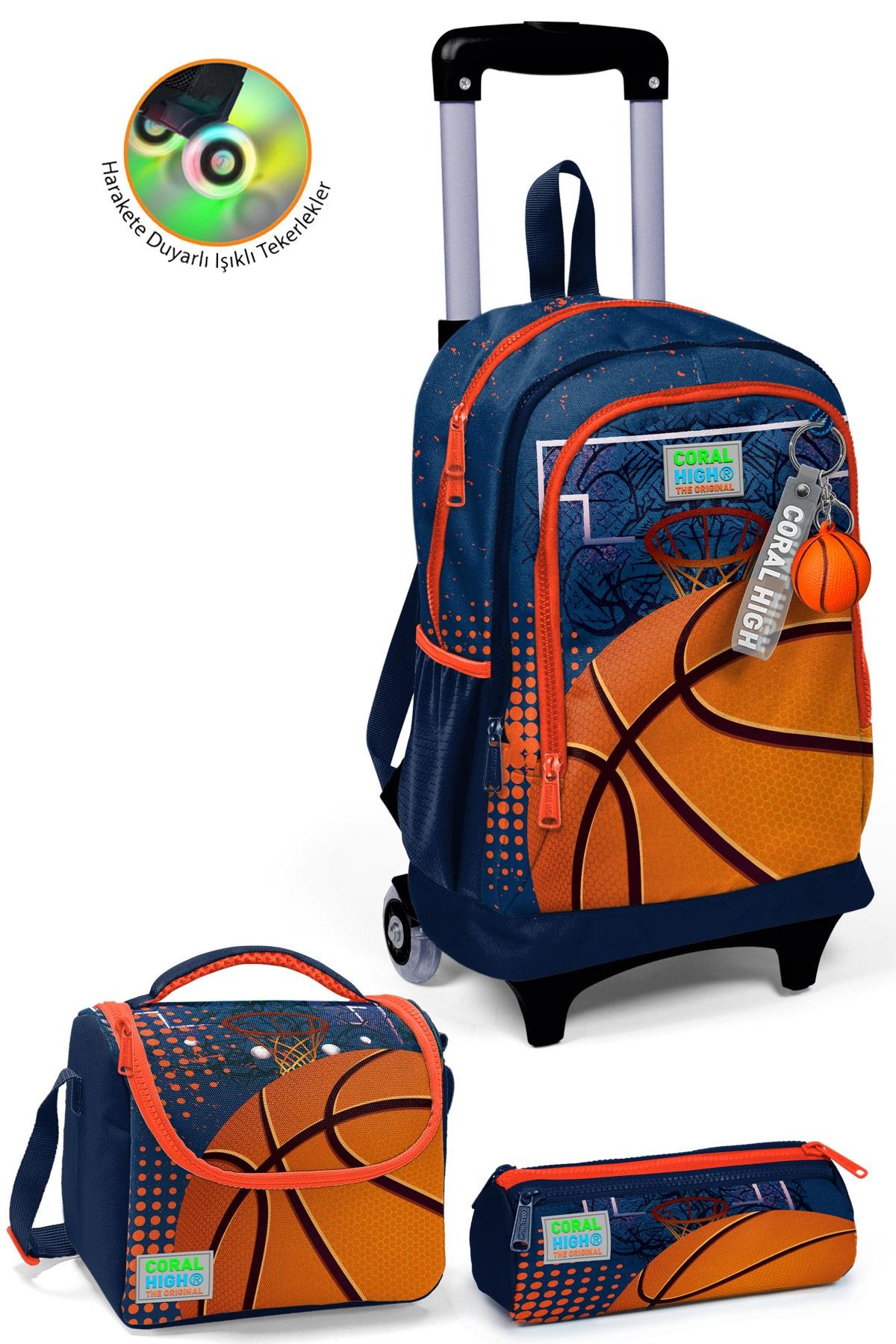 Coral High Kids Turuncu Lacivert Basketbol Desenli Üç Bölmeli Çekçekli 3'lü Çanta Seti SET0123966