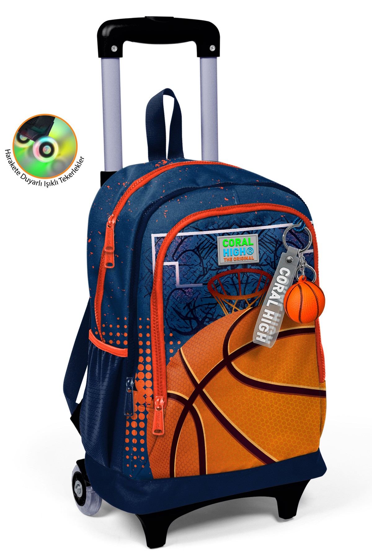 Coral High Kids Turuncu Lacivert Basketbol Desenli Üç Bölmeli Çekçekli Okul Sırt Çantası 23966