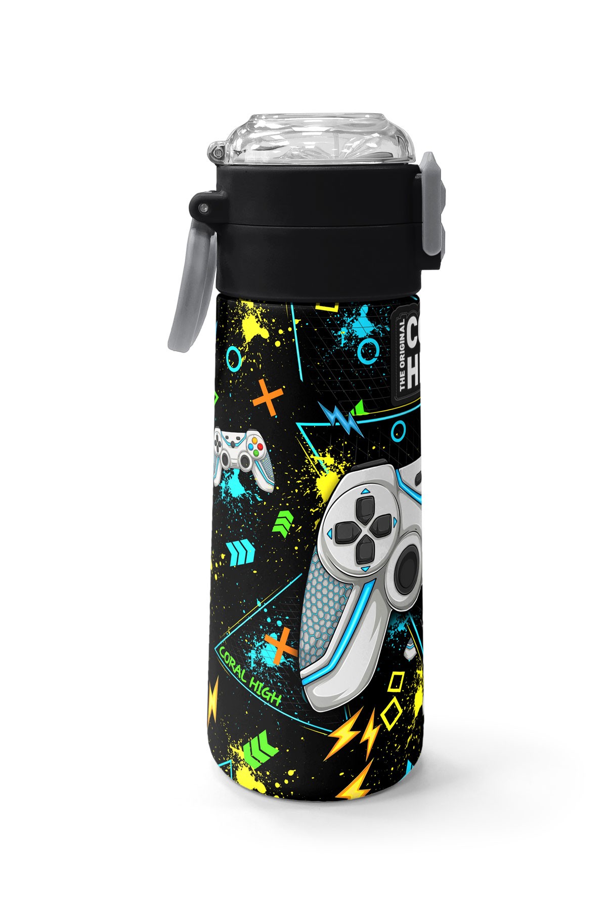 Coral High Kids Siyah Fosforlu Yeşil Gamer Desenli Pipetli ve Direkt İçim Çelik Termos 500 ml 31817