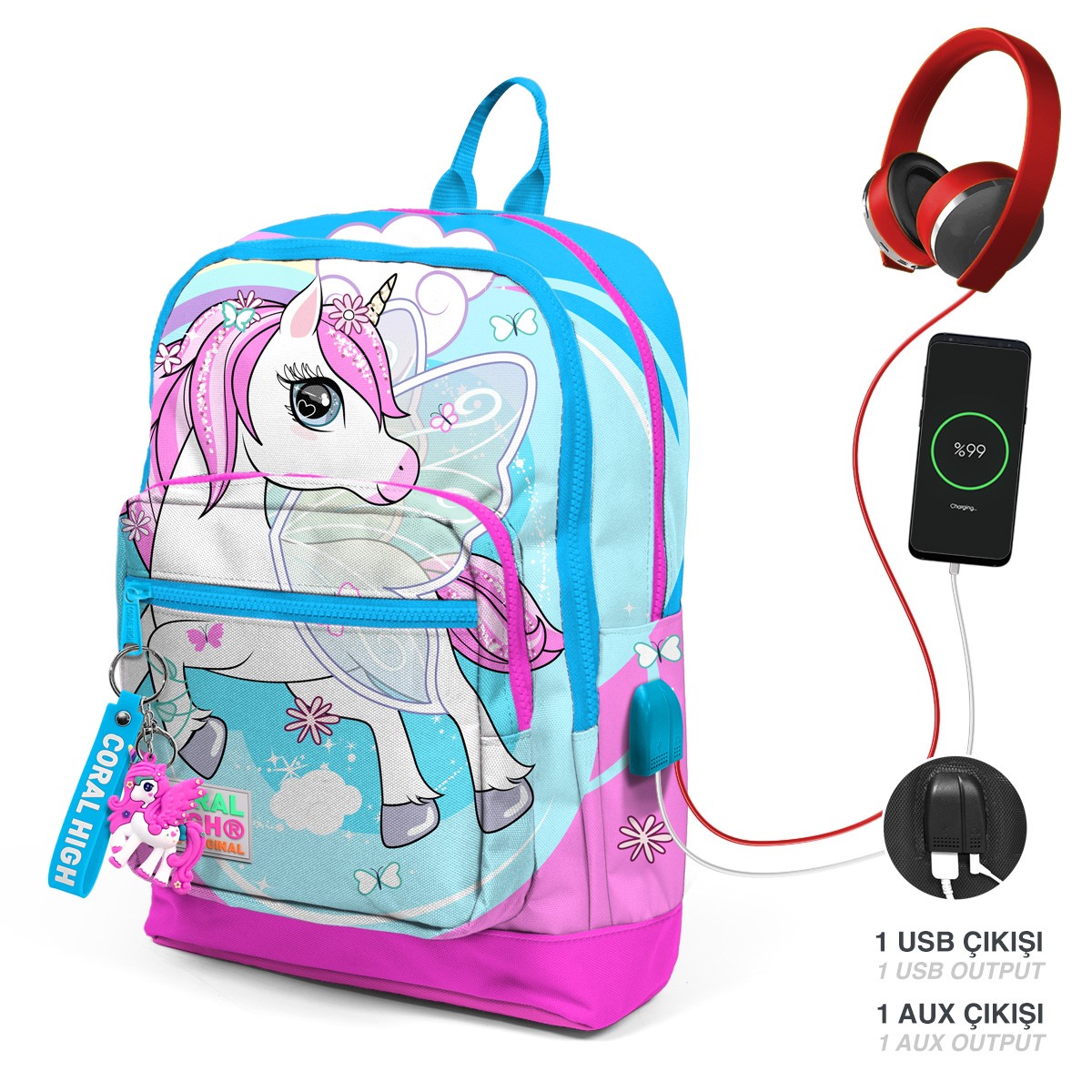 Coral High Kids  Mavi Neon Pembe Unicorn Desenli Dört Bölmeli USB'li Okul Sırt Çantası  23811